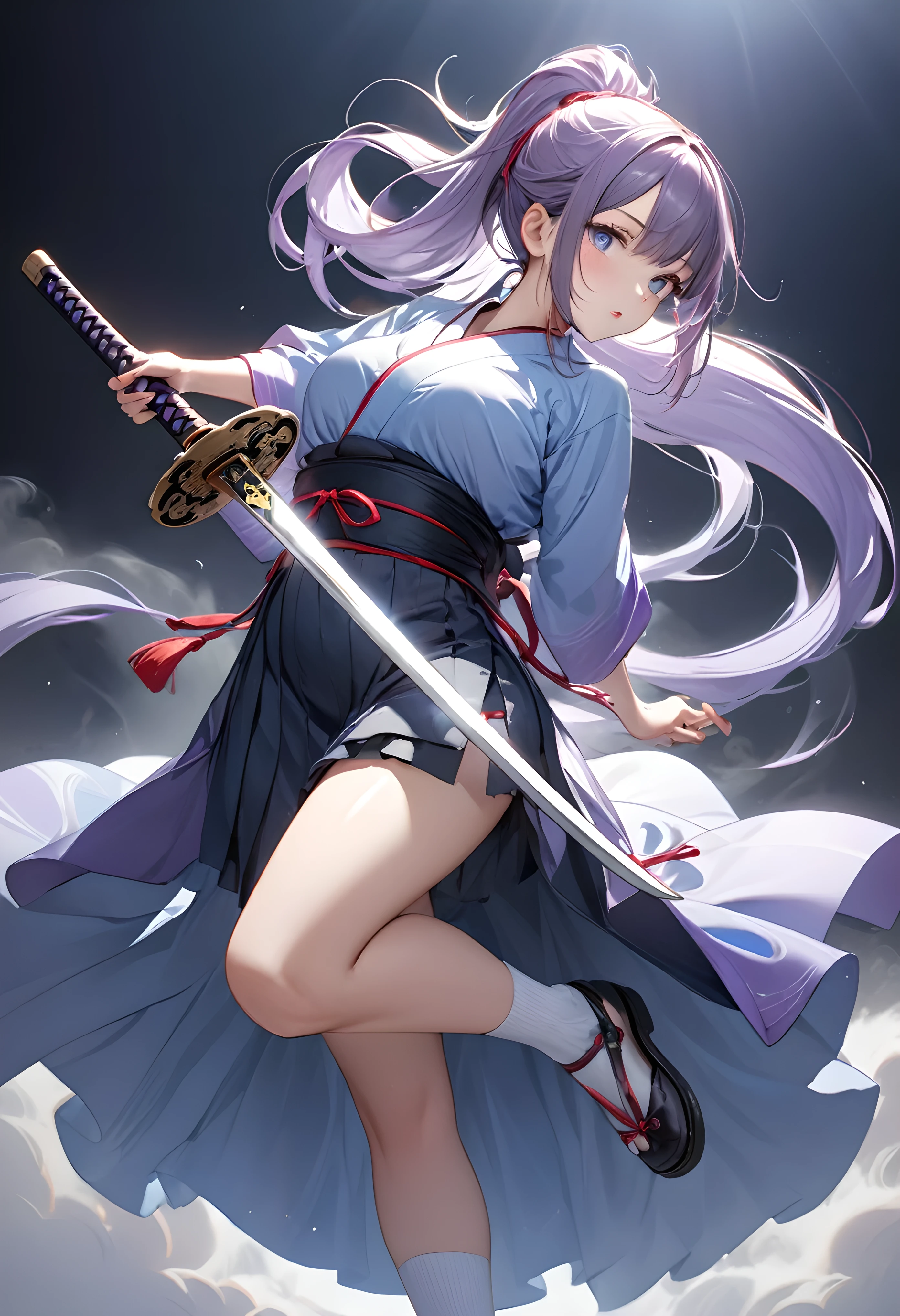 Ultra-realism, highest quality, Highest quality, Highest Resolution, 
BREAK: Precise and clear depiction, Detailed and realistic skin texture, aesthetic, 
1. BREAK ((Cryptic Girl)), [Maid|Female Swordsman], Indifference, kind, 
BREAK (long-haired in a ponytail, White-purple gradation:1.3), Detailed and delicate, 
BREAK Strong and fleeting eyes, Blue Eyes, Transparency, Reflection of light, Gloss, aesthetic, 
BREAK Detailed and beautiful skin texture, Expressing an attractive softness, aesthetic, 
BREAK Luxury Costume, [Japanese Kimono|Hanfu], The suppleness of silk, silk texture, Silk Gloss, Long, Transparency, aesthetic, 
BREAK Slim and plump, attractive legs, Short Japanese white tabi socks, Short socks reaching down to the ankles, Cotton texture, 
2. BREAK Reflection of light, sunshine, 
BREAK Fighting with a Japanese sword, 
BREAK Dark Fantasy, Transparent pastel colors, Fantastic Fog, For fantastic images, 
3. BREAK Ultra-realism,Delicate depiction, Highest quality, Highest Resolution, 
BREAK Perfect and dynamic composition, Shoot from the most attractive perspective, 
BREAK Mysterious Light, Puzzling expressions, Surprise and impress all your viewers, 
BREAK Emphasizing the presence of the subject, Cinematic Lighting Effects, Fantastic iridescent colors, 
BREAK Blacklight, holographic, cryptic, 
BREAK (Are standing:1.0), Holding a Japanese sword in front of the chest, 
BREAK (Full Body Shot:1.5), 