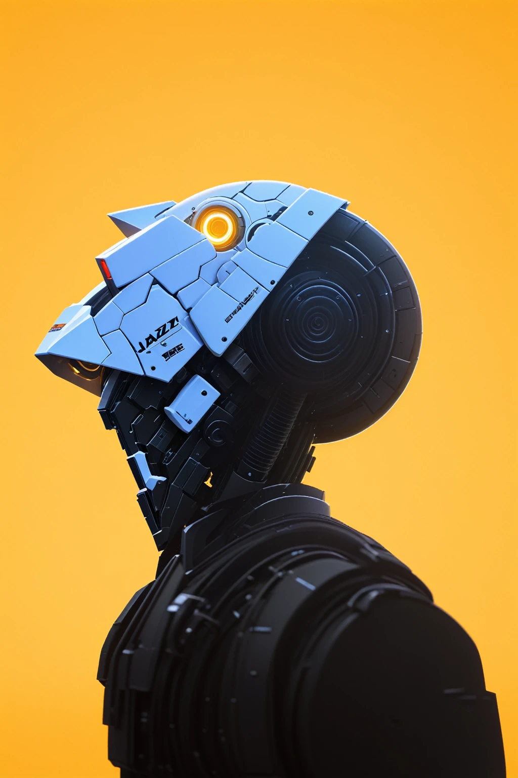 A half-length portrait of a white mecha man。side(from side),The subject is on the right side of the screen,Facing left。Jazz drum on shoulder(Snare)element。The mecha has text logo,Blocky and layered mecha structure;pure white background,solid color background。C4D or 2.5D style;Production-level rendering,Rich ambient light,Highlight Smoothing;blending, reflection light, Surrealism, Futurism, Art Deco。16K,Ultra HD quality,Award-winning workasterpiece。