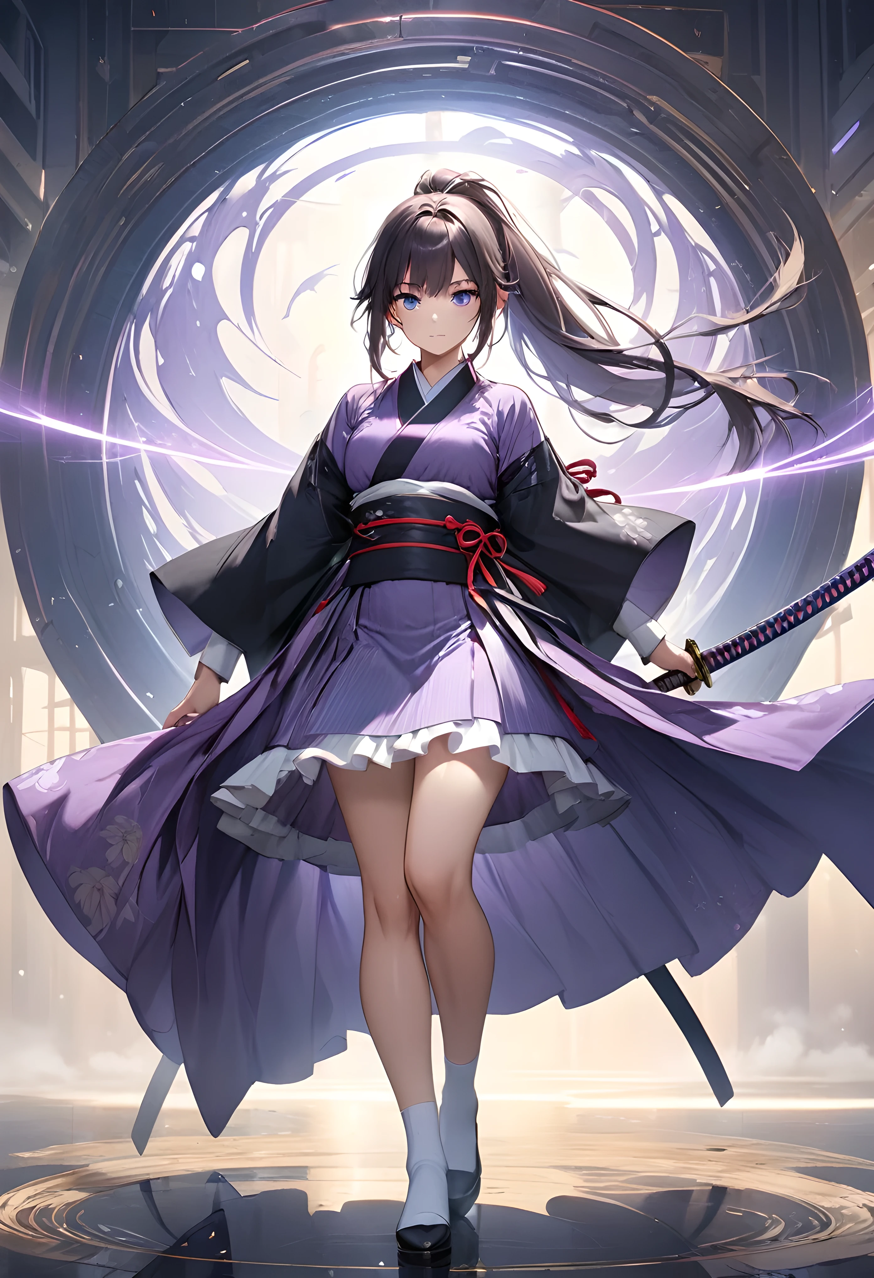 Ultra-realism, highest quality, Highest quality, Highest Resolution, 
BREAK: Precise and clear depiction, Detailed and realistic skin texture, aesthetic, 
1. BREAK ((Cryptic Girl)), [Maid|Female Swordsman], Indifference, kind, 
BREAK (long-haired in a ponytail, White-purple gradation:1.3), Detailed and delicate, 
BREAK Strong and fleeting eyes, Blue Eyes, Transparency, Reflection of light, Gloss, aesthetic, 
BREAK Detailed and beautiful skin texture, Expressing an attractive softness, aesthetic, 
BREAK Luxury Costume, [Japanese Kimono|Hanfu], The suppleness of silk, silk texture, Silk Gloss, Long, Transparency, aesthetic, 
BREAK Slim and plump, attractive legs, Short Japanese white tabi socks, Short socks reaching down to the ankles, Cotton texture, 
2. BREAK Reflection of light, sunshine, 
BREAK Fighting with a Japanese sword, 
BREAK Dark Fantasy, Transparent pastel colors, Fantastic Fog, For fantastic images, 
3. BREAK Ultra-realism,Delicate depiction, Highest quality, Highest Resolution, 
BREAK Perfect and dynamic composition, Shoot from the most attractive perspective, 
BREAK Mysterious Light, Puzzling expressions, Surprise and impress all your viewers, 
BREAK Emphasizing the presence of the subject, Cinematic Lighting Effects, Fantastic iridescent colors, 
BREAK Blacklight, holographic, cryptic, 
BREAK (Are standing:1.0), Holding a Japanese sword in front of the chest, 
BREAK (Full Body Shot:1.5), 