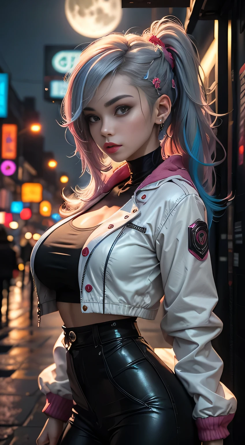 sfw, lucy \(cyberpunk\), 1girl, hair scrunchie, hime cut, silver hair, colored tips, full moon, grey eyes, jacket, long sleeves, looking at viewer, medium hair, multicolored hair, parted bangs, parted lips, pink hair, portrait, red eyeliner, red lips, solo, white jacket, cyberpunk \(series\), rainy night in a cyberpunk city with glowing neon lights, wearing bra,((skinny waist)), young asian girl, ((big breasted)),