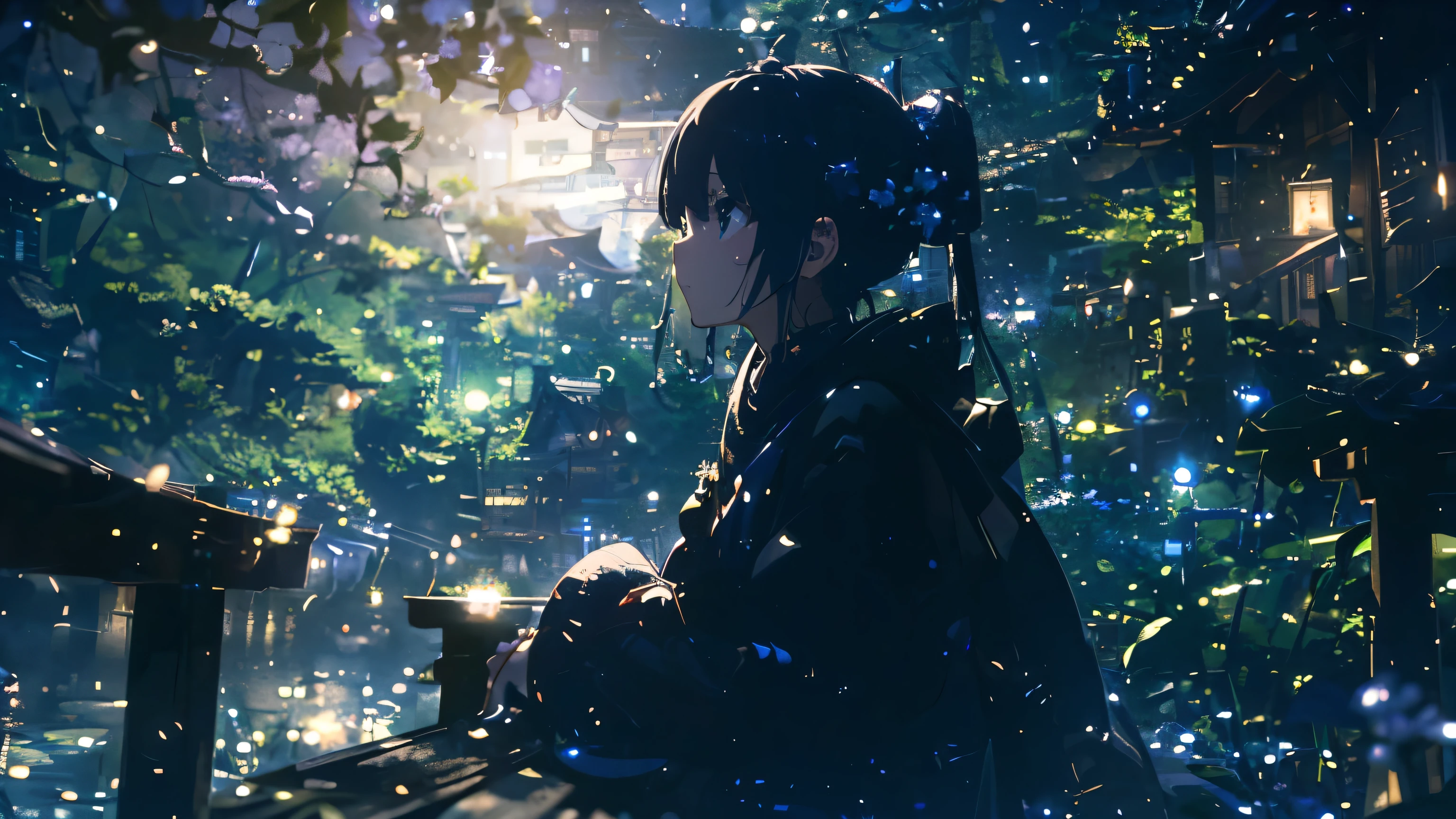 (Official art、Best Quality、Unity 8k Wallpapers、masterpiece、ultra-detailliert、超A high resolution:1.2)、(Ultra-detailed and complex 3D rendering)、Detailed beautiful face and eyes、A slender、Medium bust、(Full body:1.2)、(sideshot、Looking up at the moon、Looking away:1.2)、Fireflies are flying、(Mystical、moonlights)、beauitful face、blurry backround、20 year old beauty girl、Japan garden、cowboy shot、Sit on the porch、One full moon in the sky、Moon