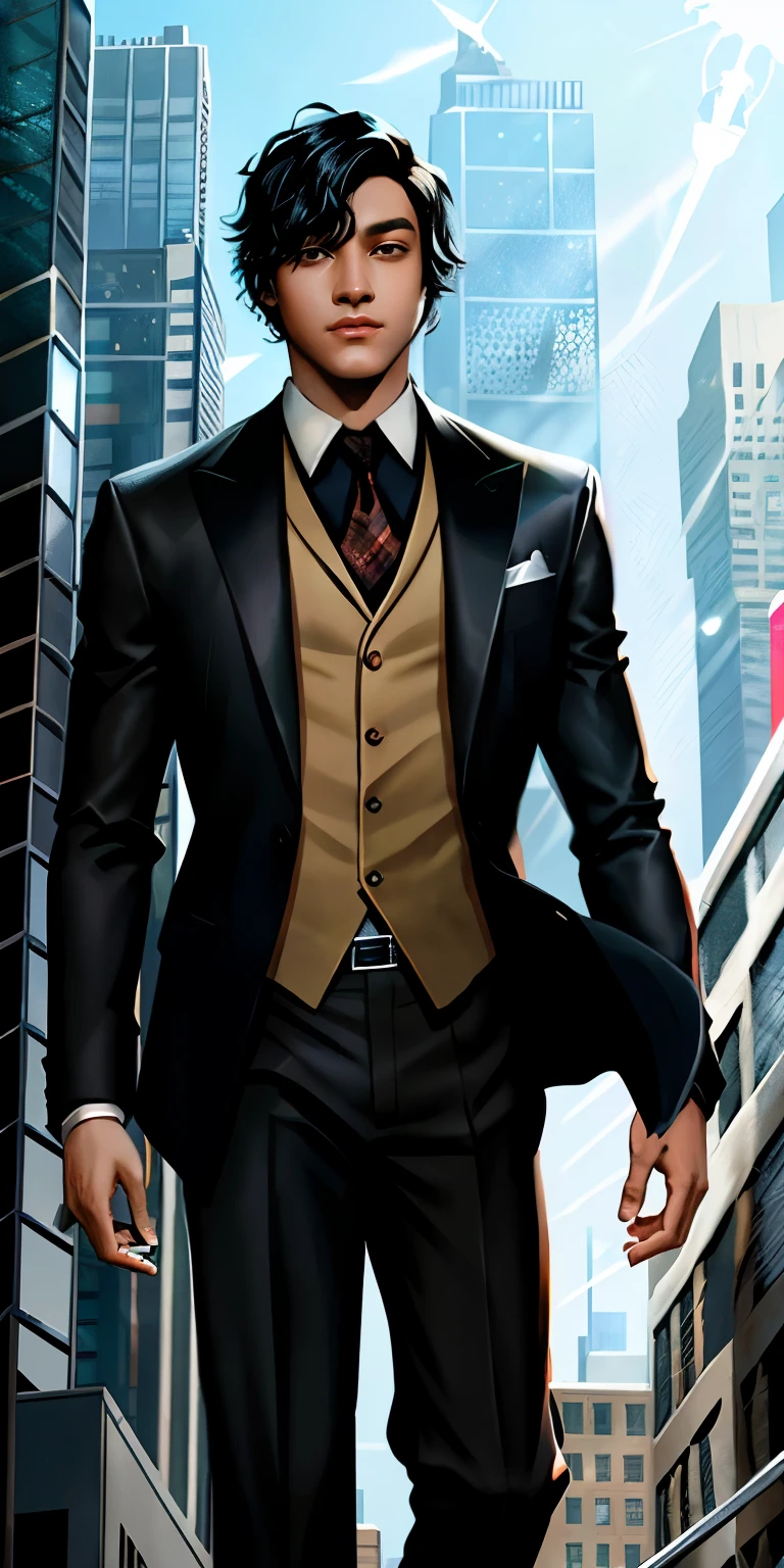 spiderverse character a man with [black] hair, [short] hair, [Dark Brown] eyes, white suit, in Gotham, light brown skin, [s