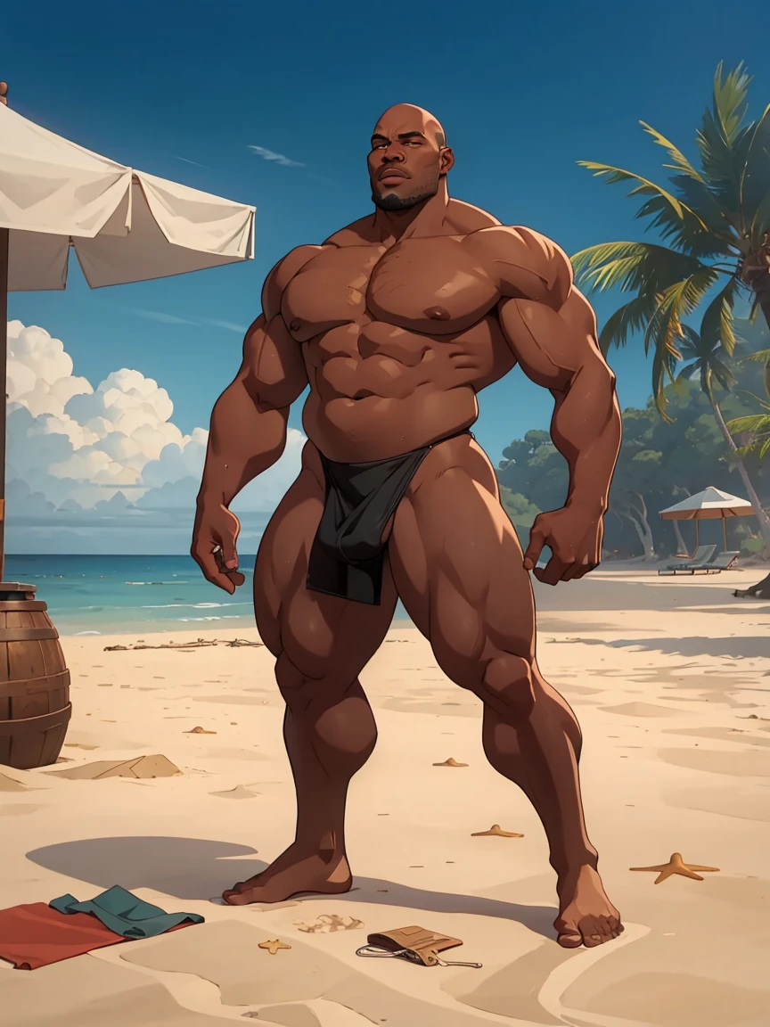 huge muscualar black dude, wide body, black skin, wide mouth, large lips, bald, flat wide nose, tall, bodybuilder, basketballer, ((full body)), (nude), standing at beach, sand underfoot, beach towels lying on ground