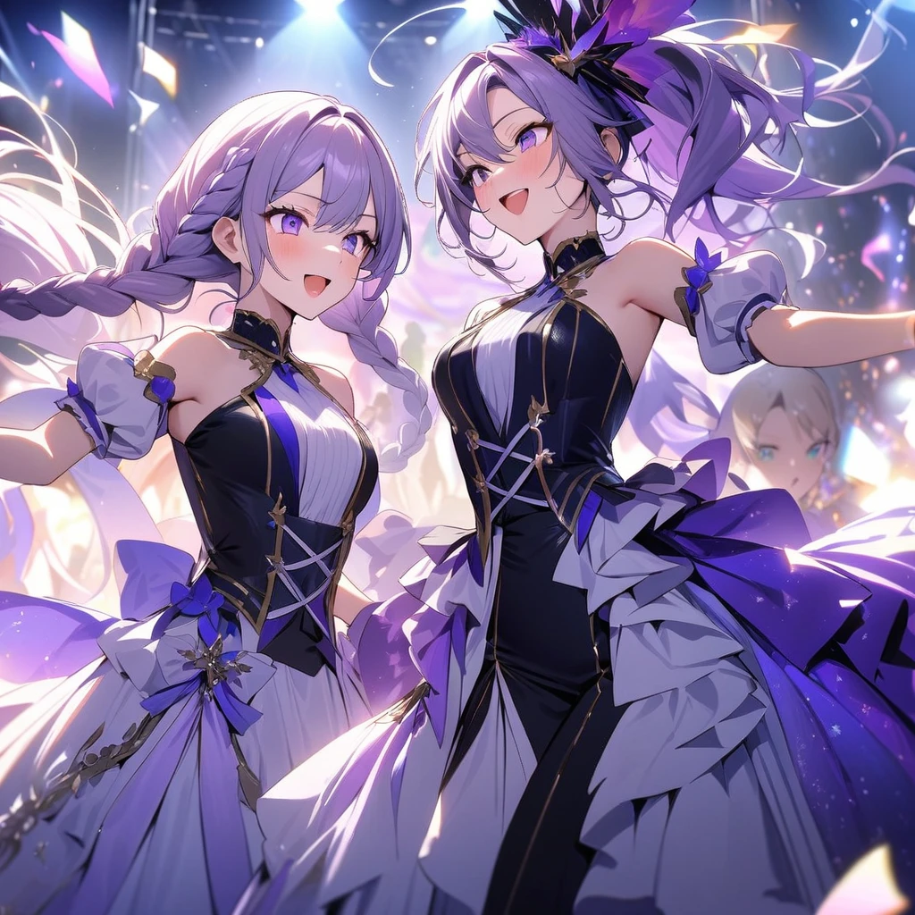 (Purple white gradient double braid long ponytail, cool, personalized, brave),(2people),(2person),(2girls side by side),(look at each other),2people,2person(multi girls),(1boy),(2rbgirl),(2girls),Idols shine brightly on stage, interpreting the charm of music with their gorgeous costumes, elegant dance moves, and affectionate eyes, leading the audience to immerse themselves in a soul shaking performance. Brilliant, dazzling, stunning, passionate, full of vitality, dreamlike, gorgeous, dazzling, charming, colorful, lively, vibrant, captivating, visually grand, dynamic, passionate, and full of tension, passionate burning, and colorful,(masterpiece, best quality:1.2)