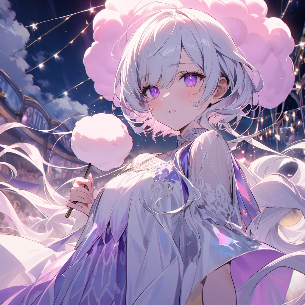 You and the Cryptic Girl stand amidst the flashing lights and joyous chaos of a carnival at night. Cotton candy clouds drift overhead, mirroring the cotton candy hues of her purple and white hair as it whips in the wind. She leans close, her voice barely audible above the cacophony, speaking in riddles about the secrets hidden within the fortune teller's tent. A playful glint lights up her typically indifferent eyes, hinting at a hidden sense of adventure. Will you follow her lead and delve into the carnival's cryptic underbelly, or will you try to decipher the real mystery behind her captivating facade
