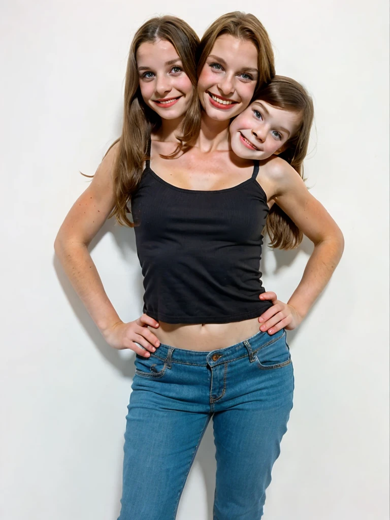 3heads, three headed girl, (two heads adult:1.5), (one head young child:1.5)
