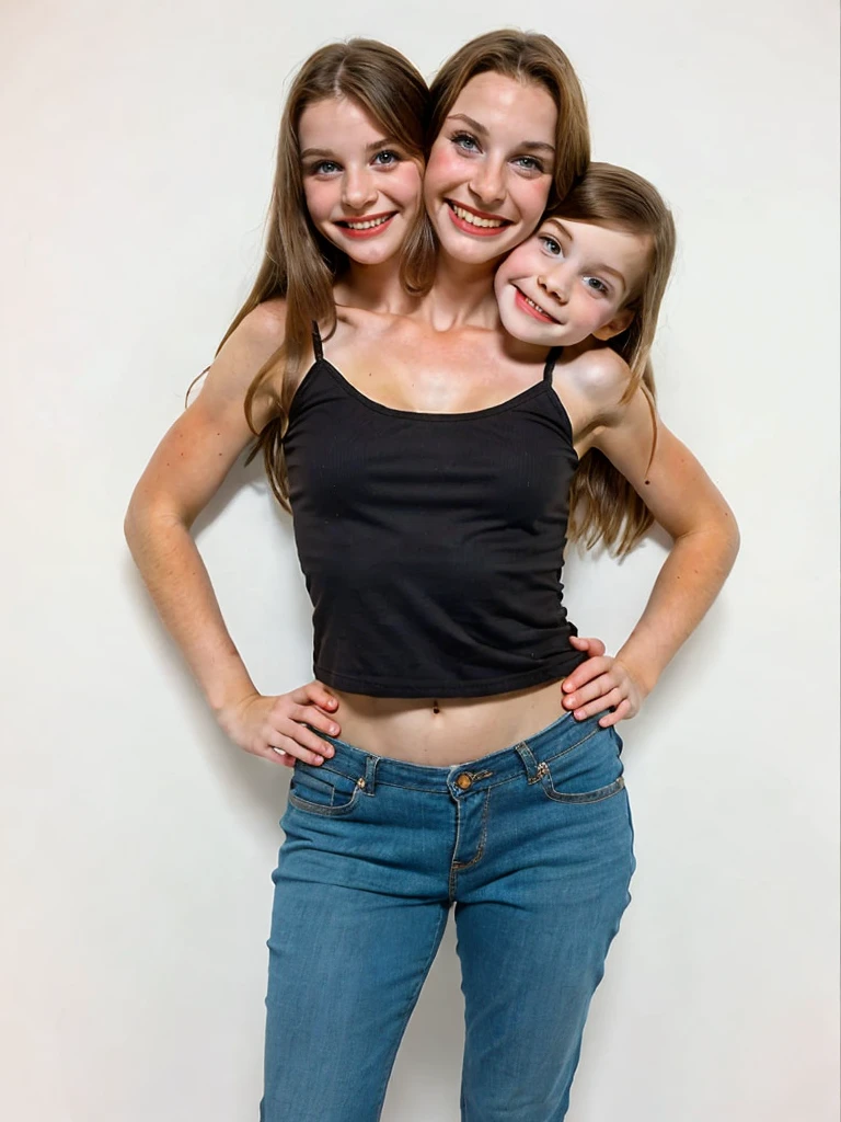 3heads, three headed girl, (two heads adult:1.5), (one head young child:1.5)