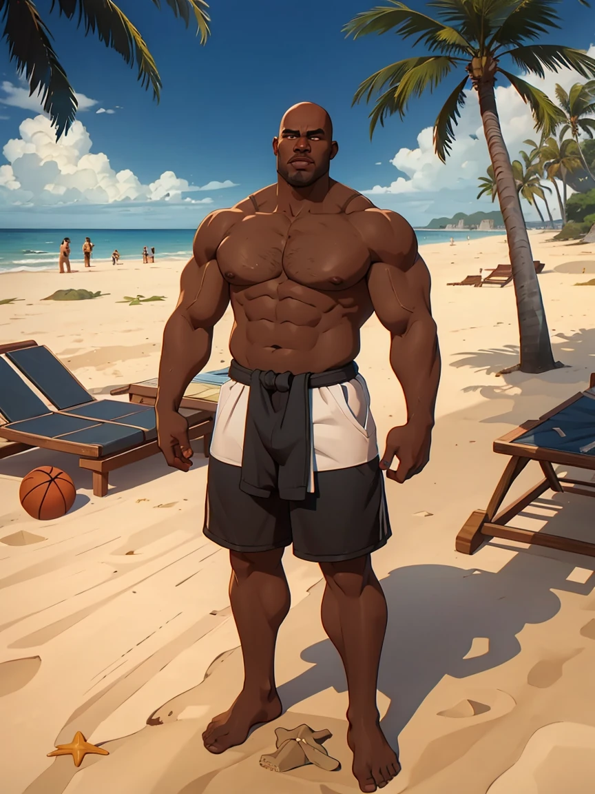 huge muscualar black dude, wide body, black skin, wide mouth, large lips, bald, flat wide nose, tall, basketballer, ((full body)), (nude), standing at beach, sand underfoot, beach towels lying on ground