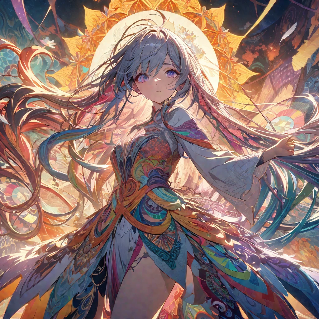 Official Art, Unified 8k Wallpaper, Ultra Detailed, Beautiful Beauty, Beautiful, Masterpiece, Best Quality, (Zentangle, Mandala, Tangled, Entangle), (Flower Ecstasy: 1.2) Dynamic Angle, Cowboy Shot, The Most Beautiful Chaotic Forms, Elegance, Fauvist Design, Bright Colors, Romanticism, Atmosphere, Golden Crow, Sun God, Feathers, Fire,

