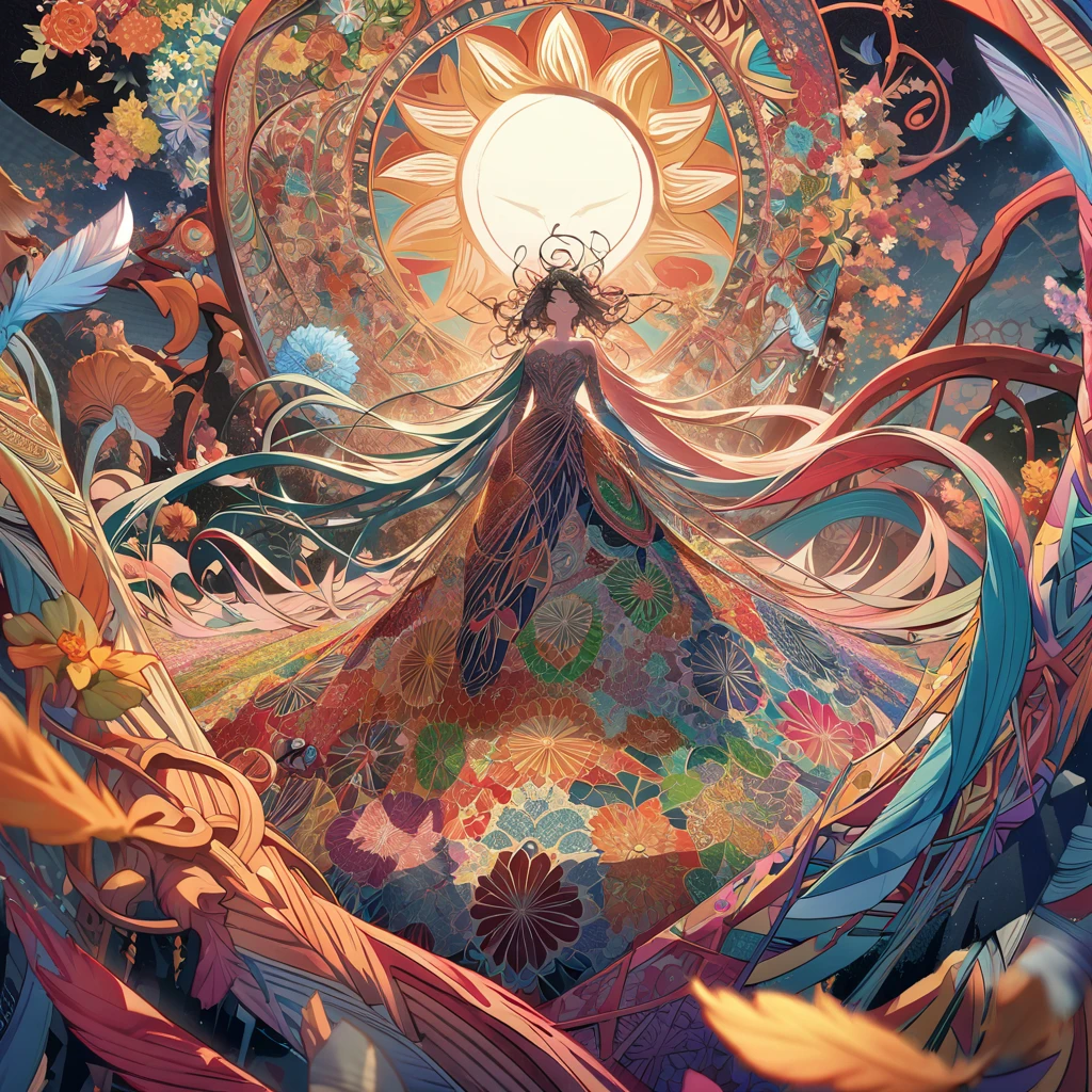 Official Art, Unified 8k Wallpaper, Ultra Detailed, Beautiful Beauty, Beautiful, Masterpiece, Best Quality, (Zentangle, Mandala, Tangled, Entangle), (Flower Ecstasy: 1.2) Dynamic Angle, Cowboy Shot, The Most Beautiful Chaotic Forms, Elegance, Fauvist Design, Bright Colors, Romanticism, Atmosphere, Golden Crow, Sun God, Feathers, Fire,