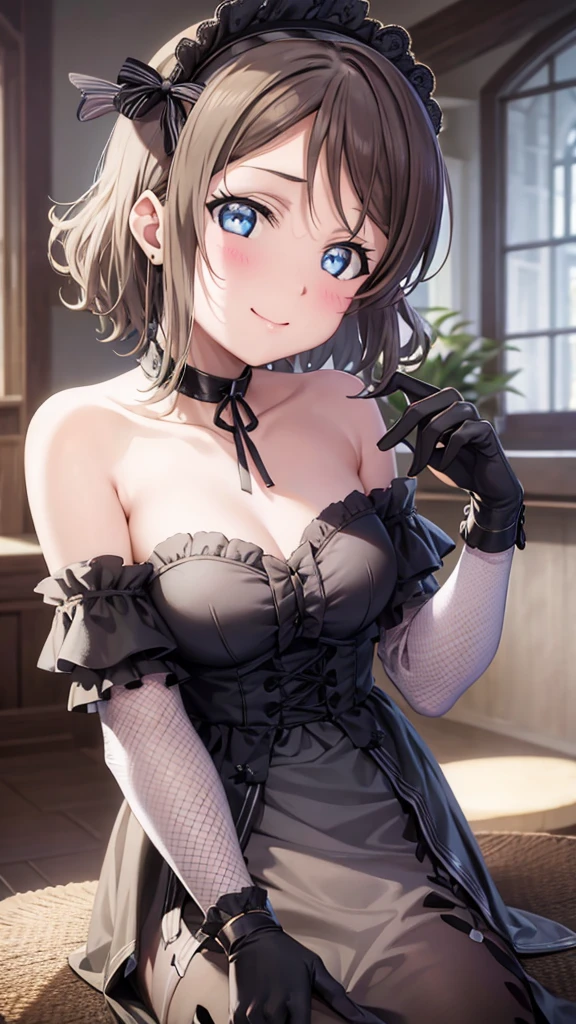 (((Perfect pixel, Perfect details))), Single, 1girl, You are Watanabe, Uranohoshi , masterpiece:1.4), high quality, high definition, detailed face, anime, best quality, 4k, 8k, absurd resolution, intricate detail, detailed hands, detailed eyes, animation, illustration, highly detailed, highres, extremely detailed, perfect eyes, perfect face, animification, pureerosface_v1, bare shoulders, (black choker:1.4), bow, bracelet, , my little devil dress, detached collar, elbow gloves, garter straps, hair between eyes, hairclip, looking at viewer, polka dot bow, short hair, sidelocks, small breasts, striped gloves, tiara, vertical-striped gloves, full body, full body shot,smile