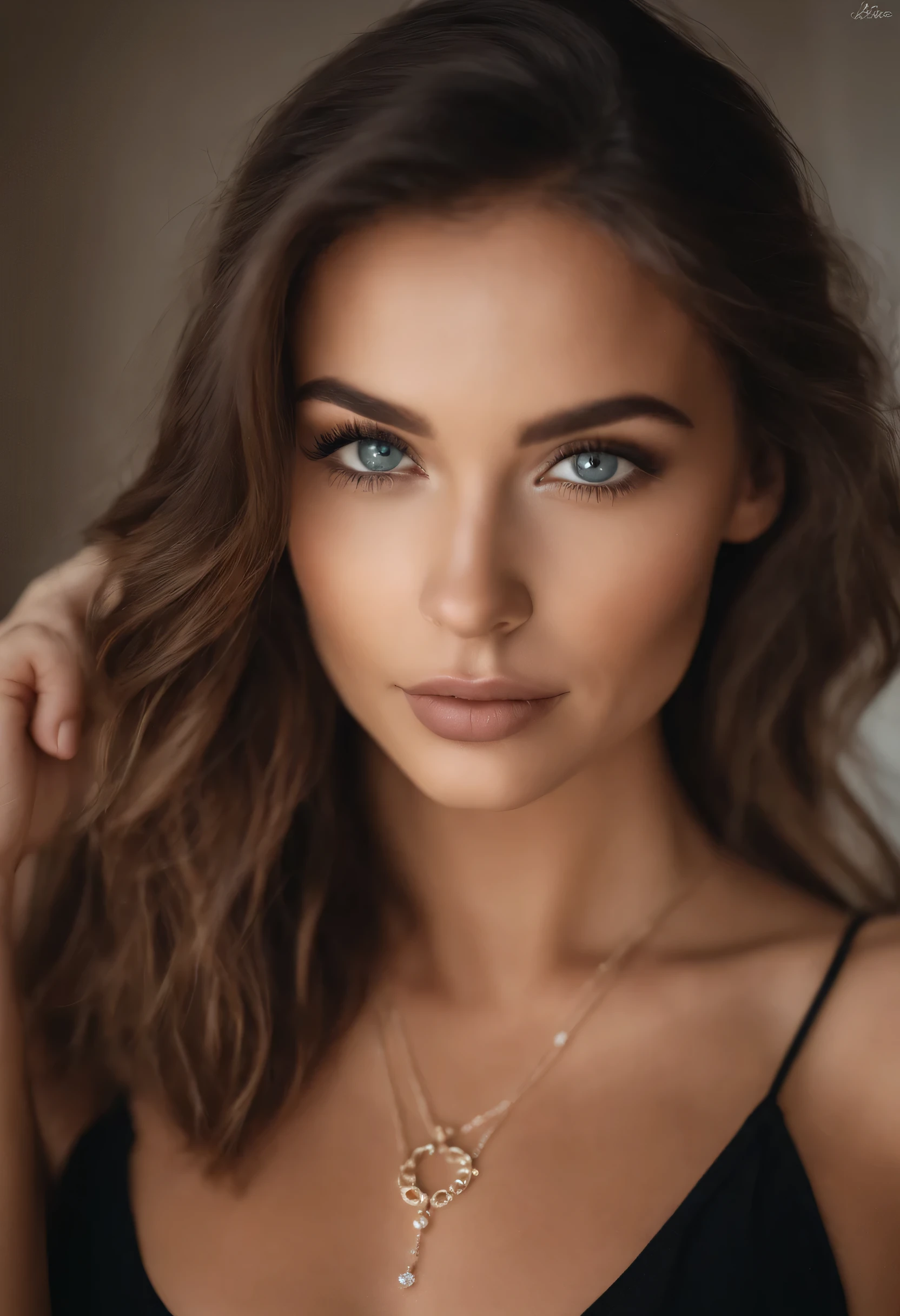 mulher cropped com blusa branca e colar, garota sexy com olhos verdes, Retrato de Sophie Mudd, cabelos castanhos e olhos grandes, selfie'uma jovem mulher, Olhos do quarto, Violette Myers, sem maquiagem, maquiagem natural, looking directly at the camera, Cara com Artgram, Maquiagem sutil, stunning foto de corpo inteiro, Olhos verdes penetrantes, Use um mini vestido preto apertado, foto de corpo inteiro