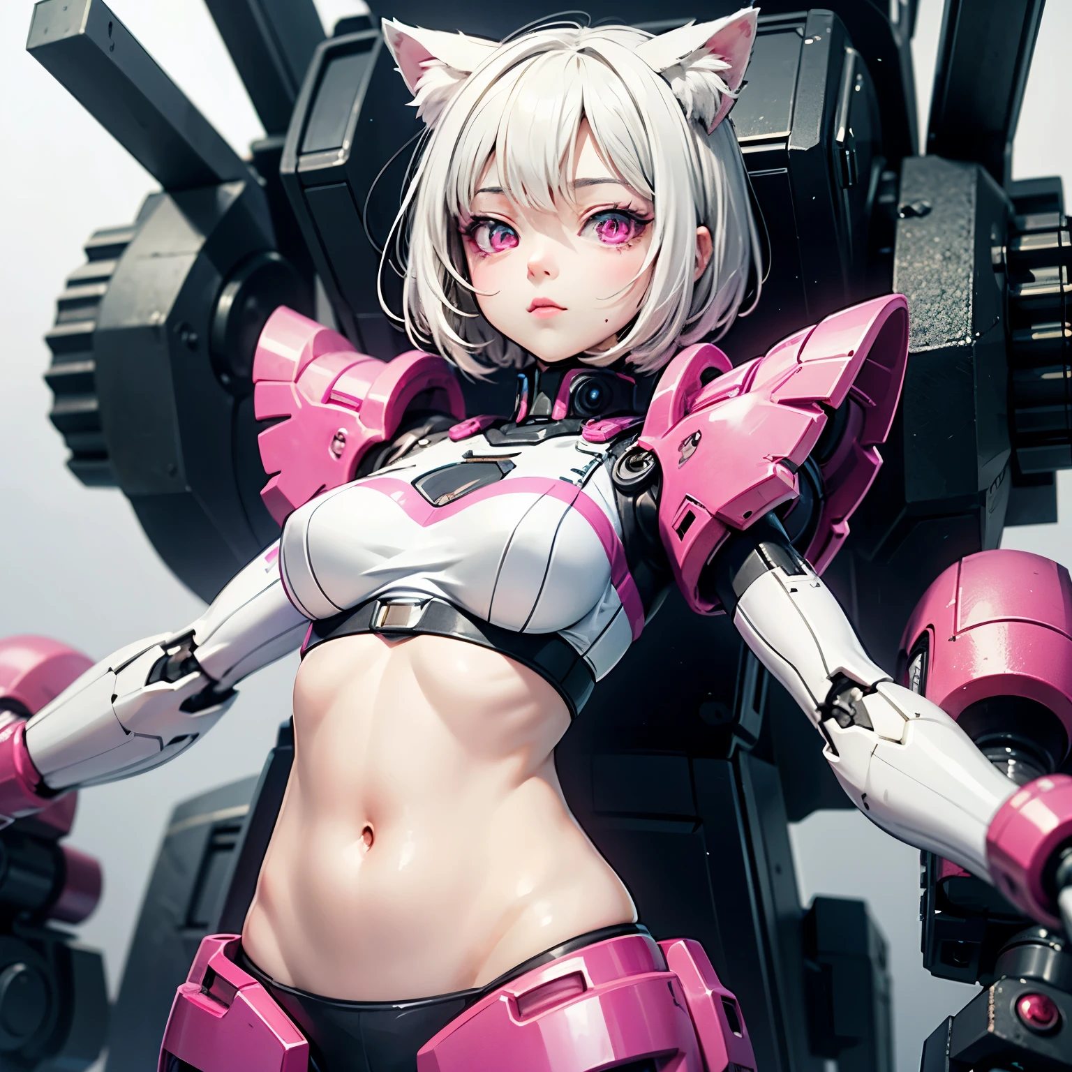 ((best quality)), ((masterpiece)), (detailed), perfect face. White hair. Short hair. Anime girl. Pink eyes. Nekomimi. Mecha. Belly.