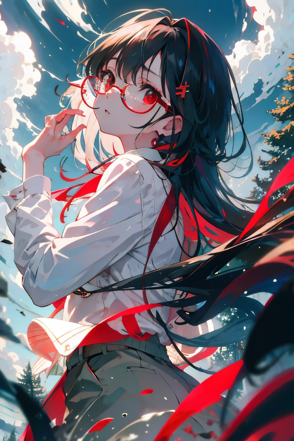 masterpiece, best quality, , rootsy hair, waist-length hair, red eyes, glasses, sky, forest, clouds, looks up, tears