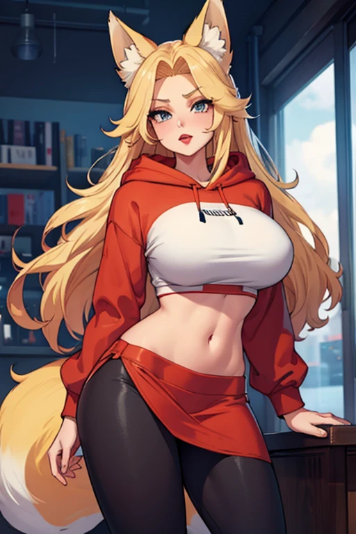 Girl with long blonde hair, hair down, red lips, blonde fox ears and tail, big breasts, wearing a hoodie, mini skirt, leggings