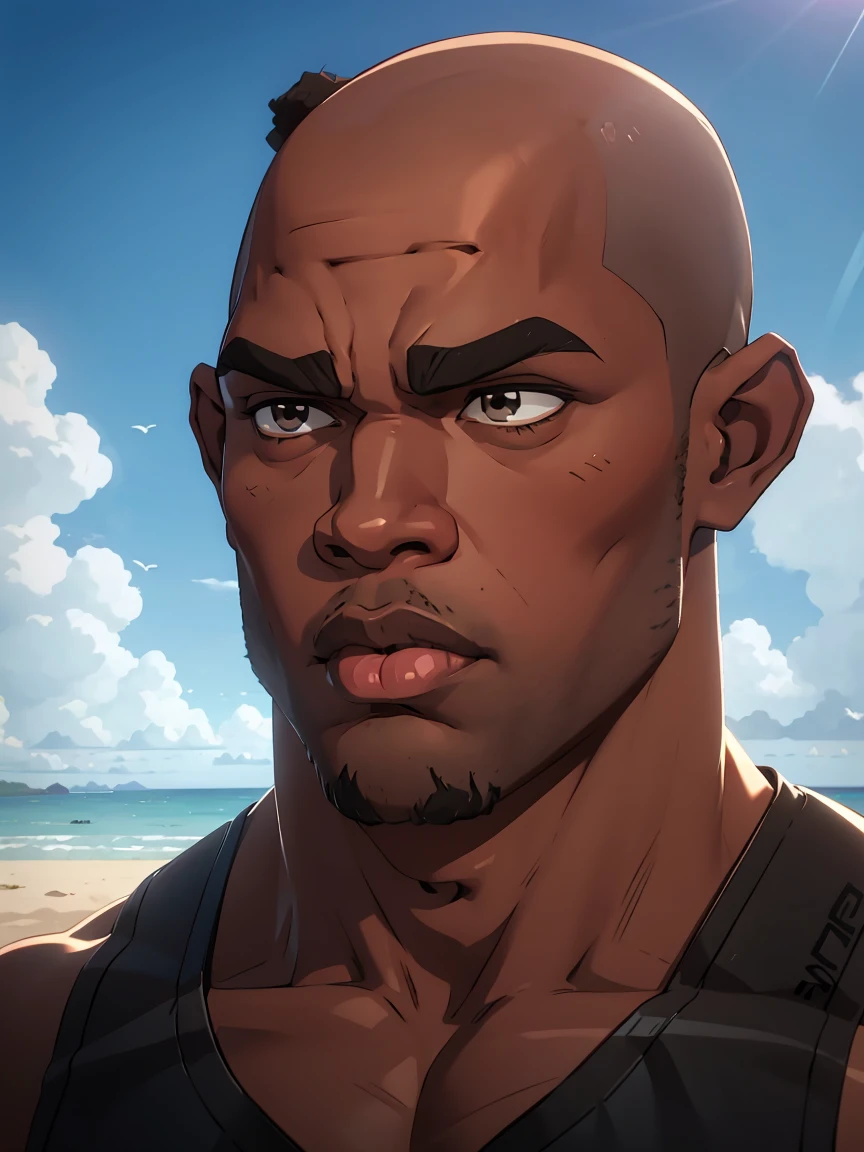 huge muscualar black dude, wide body, black skin, wide mouth, large lips, bald, flat wide nose, tall, ((portrait)), at beach, scowl