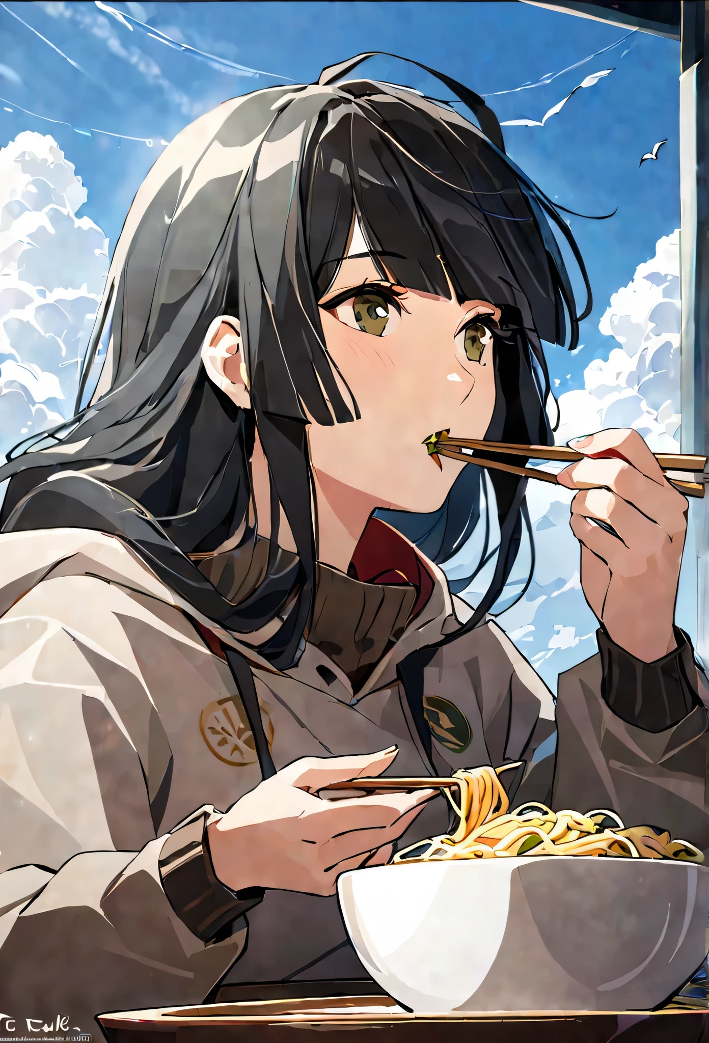 masterpiece,best quality, 1 girl, solo, eda, bangs, black hair, blue sky, cloud, she is eating noodles, she travels around tge world