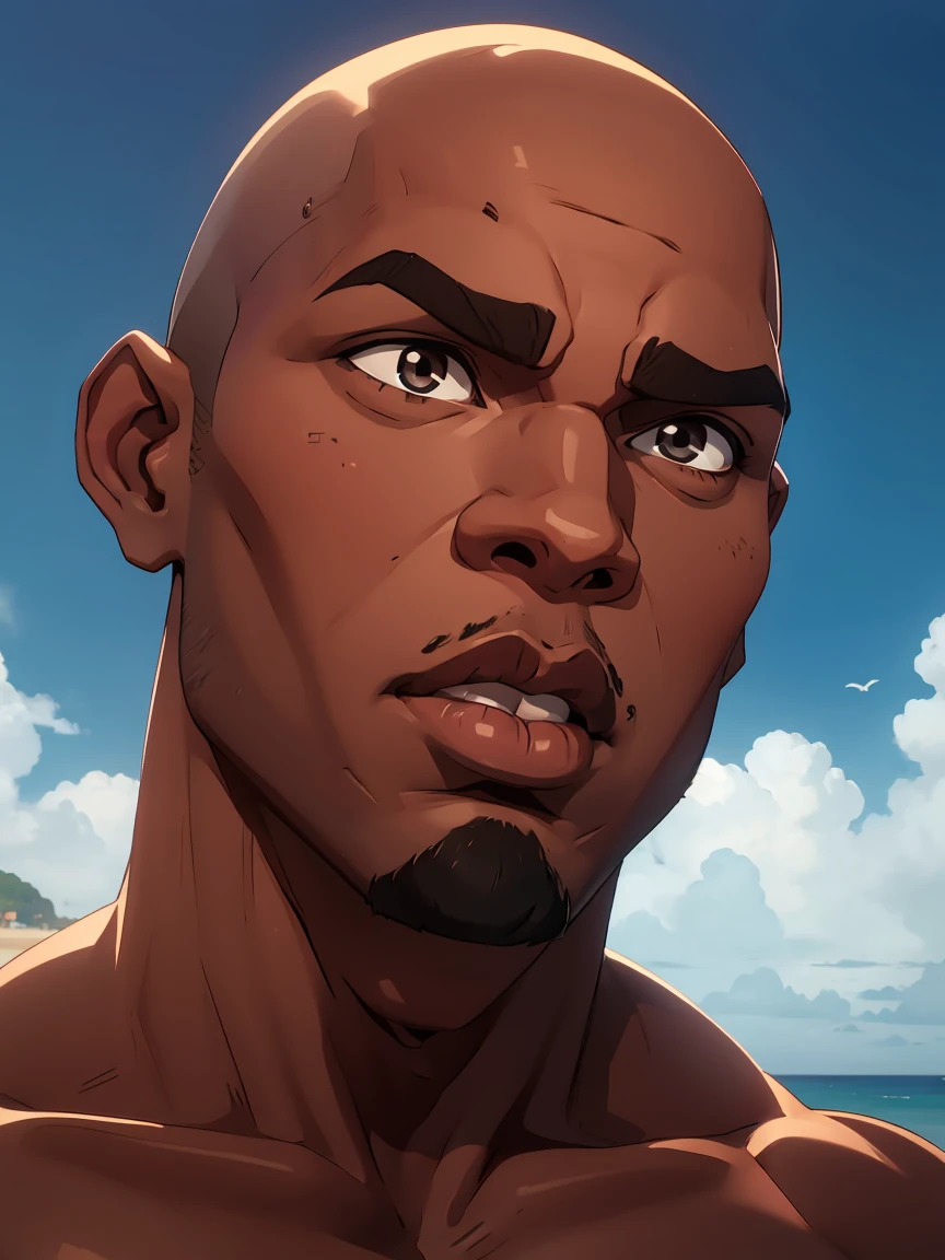 huge muscualar black dude, wide body, black skin, wide mouth, large lips, bald, flat wide nose, tall, ((portrait)), at beach, surprised
