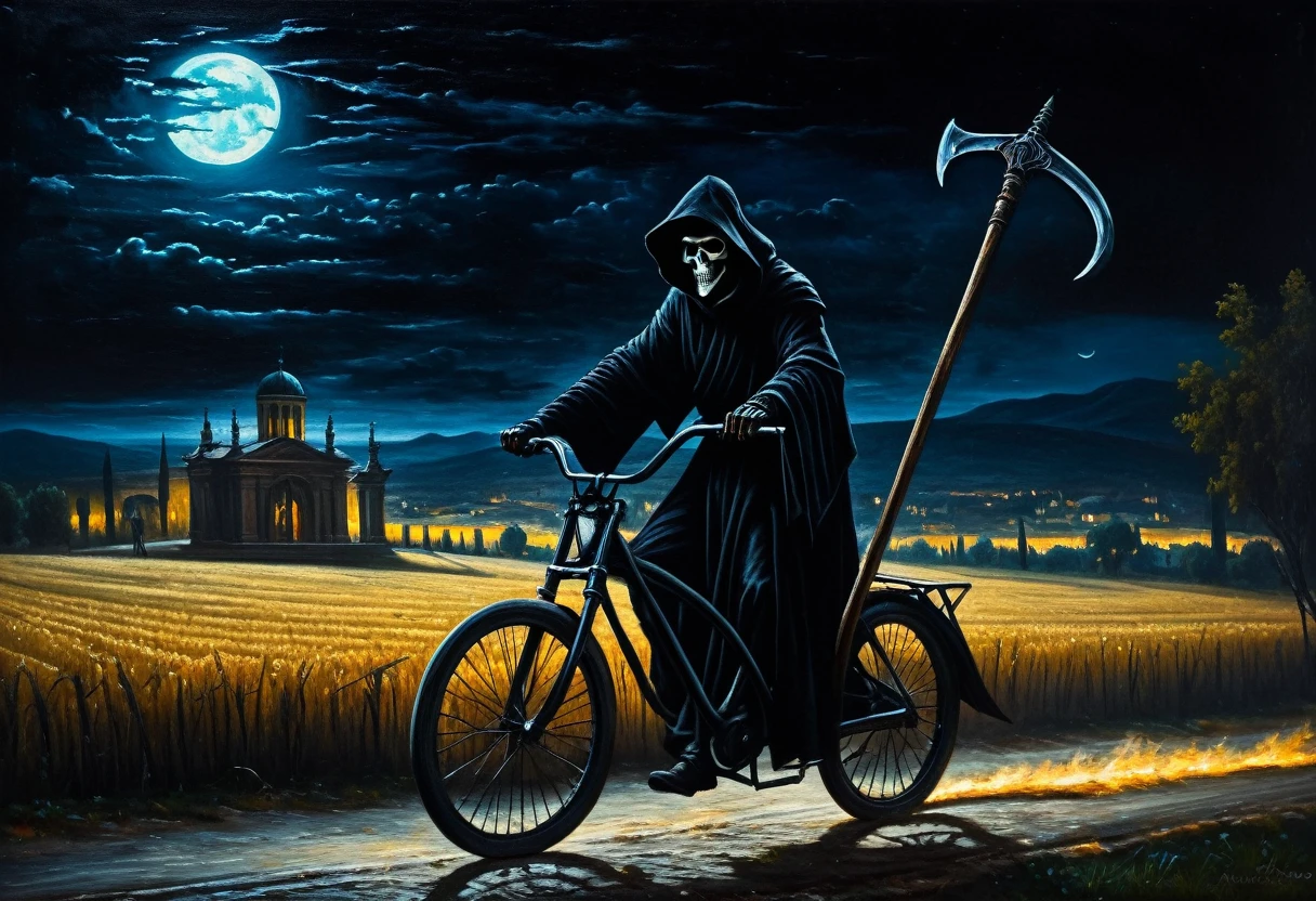 [[(front full portrait:  A black grim Reaper with a scythe rides a bike (solo) ((Andrea Solario style!!!))])):20]/[background: landscape
 dark Renaissance, old canva, (noir night), ((landscape style Alexey Savrasov:1,6))]/[two-color lighting, ((oil painting palette knife))((masterpiece)),((highest detail))]]