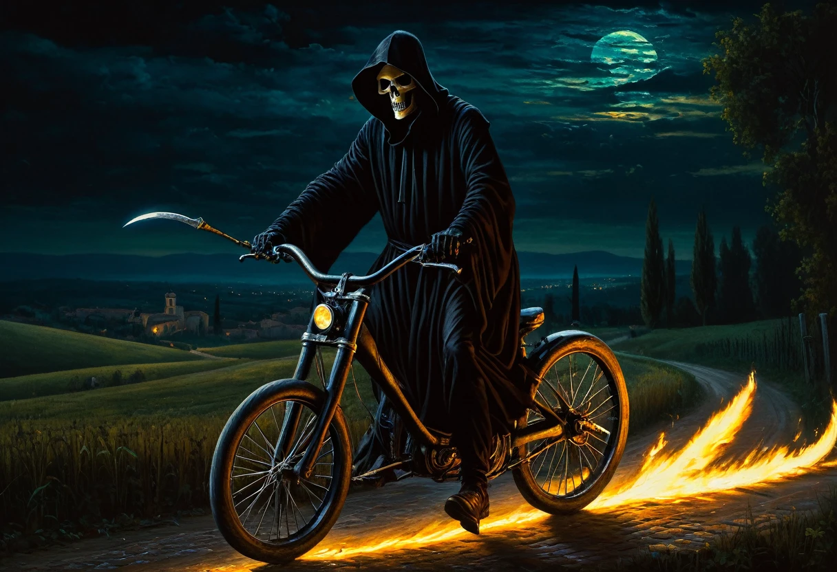 [[(front full portrait:  A black grim Reaper with a scythe rides a bike (solo) ((Andrea Solario style!!!))])):20]/[background: landscape
 dark Renaissance, old canva, (noir night), ((landscape style Alexey Savrasov:1,6))]/[two-color lighting, ((oil painting palette knife))((masterpiece)),((highest detail))]]