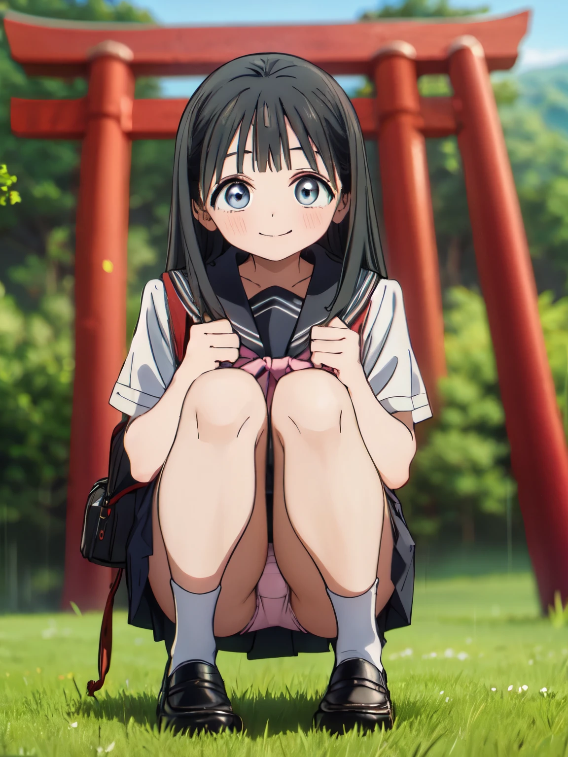 Woman sitting in grass with backpack, Japan age portrait, anime girl squatting, Seifuku, of youthful Japan girl, close-up of Iwakura Rain, Iwakura Rain, Japan , Shikamimi, Japan girl uniform, Chiho, Japan Woman sitting in grass with backpack, photo of Kiyomoto Torii, flickr, Shinhanga, Teentrait of Japan, anime girl crouching, Seifuku, of youthful Japan girl, close-up of Iwakura Rain, Iwakura Rain, Japan uniform, Shikamimi, Chiho , akebi komichi, white sailoruniform, serafuku, your legs are widely opened, pink panties are visible, prieted skirt is lifted, she is smiling at you, stood grinning at you