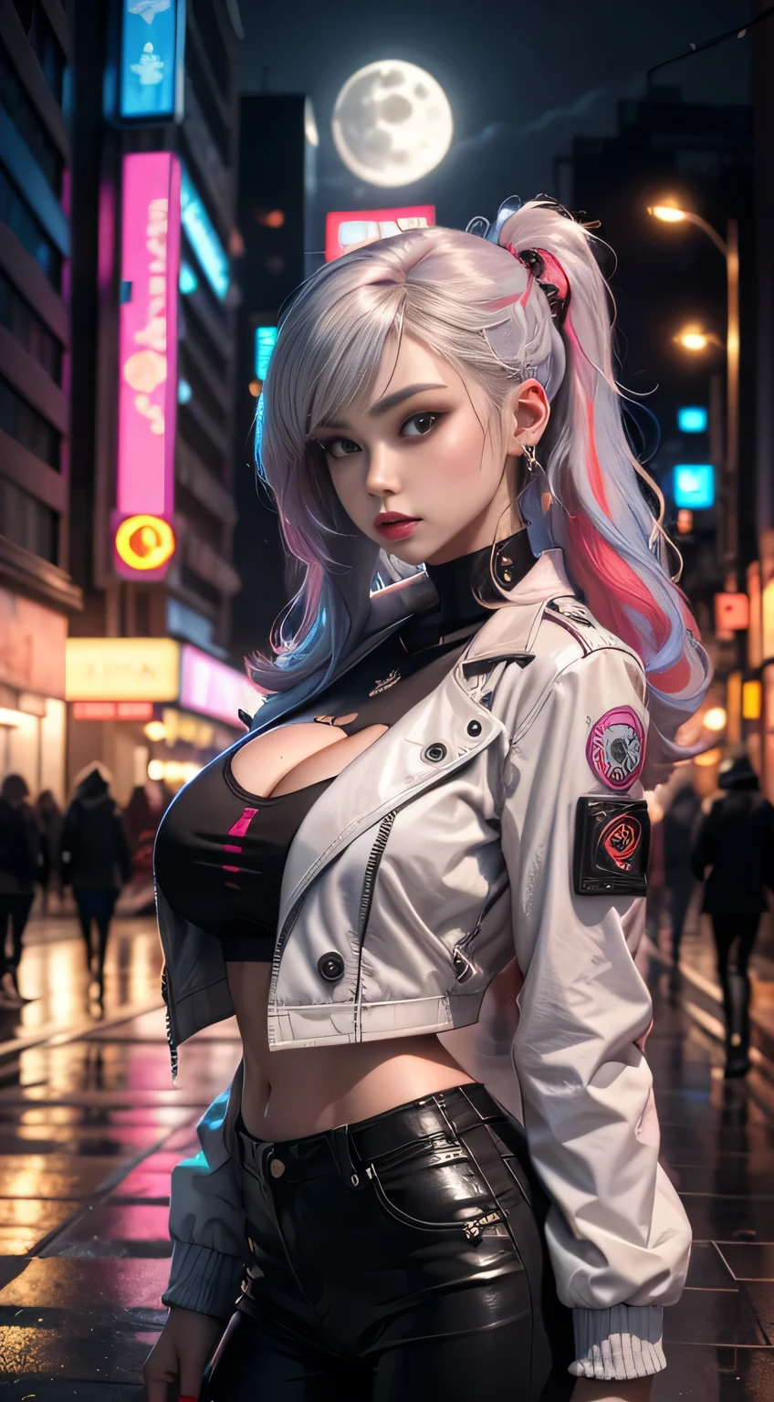 sfw, lucy \(cyberpunk\), 1girl, hair scrunchie, hime cut, silver hair, colored tips, full moon, grey eyes, jacket, long sleeves, looking at viewer, medium hair, multicolored hair, parted bangs, parted lips, pink hair, portrait, red eyeliner, red lips, solo, white jacket, cyberpunk \(series\), rainy night in a cyberpunk city with glowing neon lights, wearing bra,((skinny waist)), young asian girl, ((big breasted)),