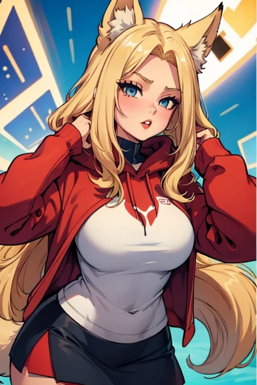 Girl with long blonde hair, hair down, red lips, blonde fox ears and tail, big breasts, wearing a blue and white hoodie, white and red mini skirt, black leggings