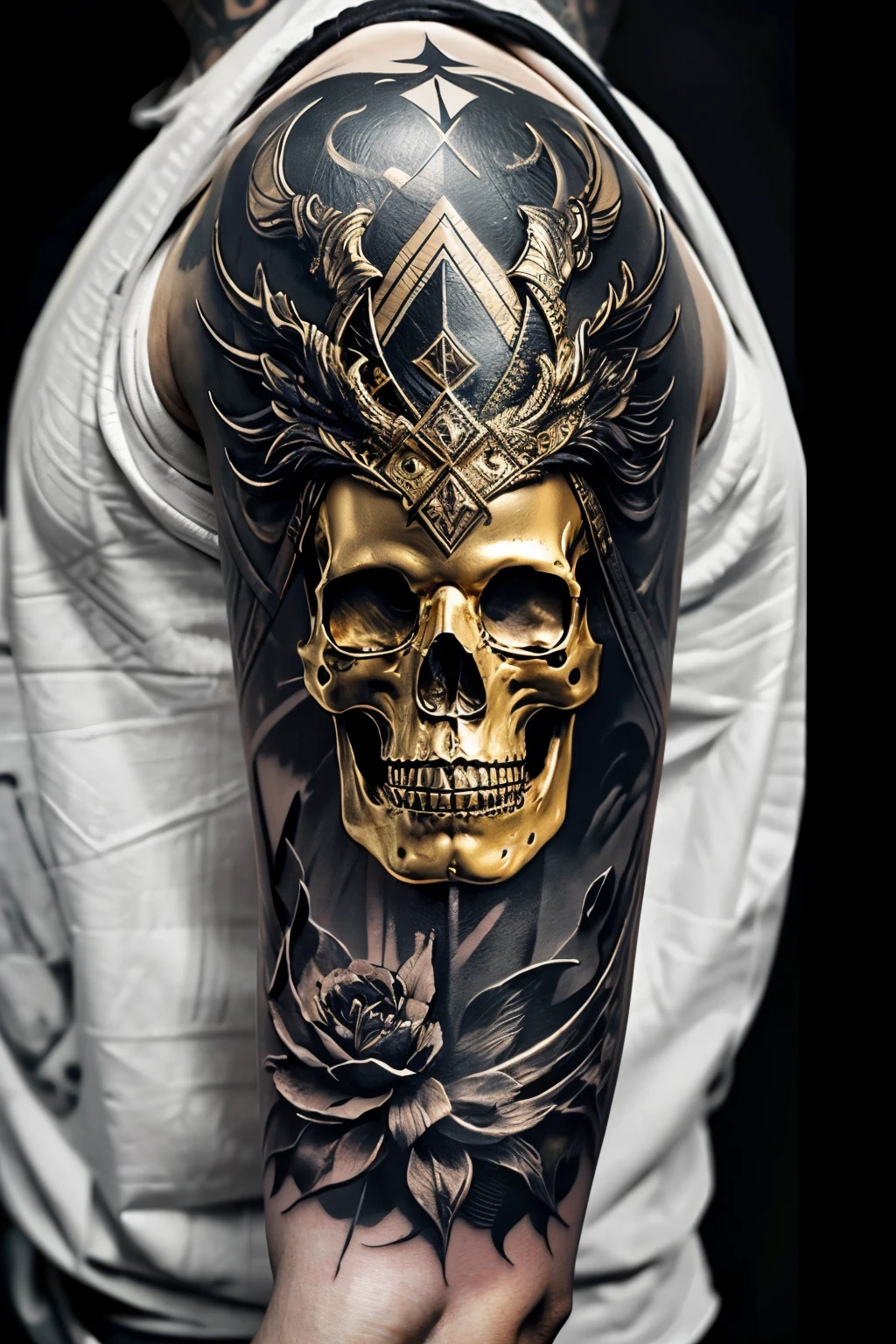 Create a visually captivating and detailed design for a tattoo featuring a skull facing forward, adorned with a black mantle embellished with golden borders. The skull's face and body should showcase intricate gold inlay work, giving the illusion that some of its parts are crafted from gold. The skeletal hands should be positioned delicately over the heart, with gold articulations and joints. Design the tattoo to be sized at 9/16 and incorporate multiple ornamental details to enhance its overall appearance when placed on a shoulder and extending down to the elbow. Utilize volumetric lighting techniques to add depth and dimension to the design. realistic