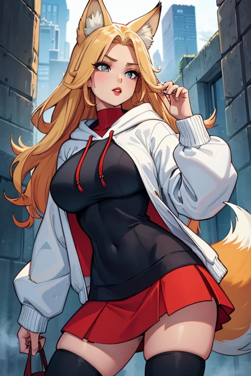 Girl with long blonde hair, hair down, red lips, blonde fox ears and tail, big breasts, wearing a blue and white hoodie, white and red mini skirt, black leggings