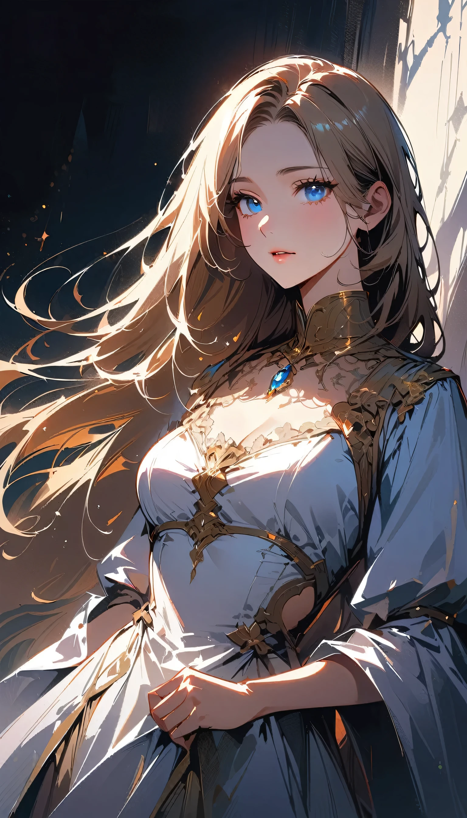a beautiful goddess with , detailed intricate dress, flowing long hair, elegant pose, detailed facial features, delicate skin, volumetric lighting, cinematic dramatic lighting, muted color palette, dramatic chiaroscuro, cinematic depth of field, photorealistic, (best quality,8k,highres,masterpiece:1.2),ultra-detailed,(realistic,photorealistic,photo-realistic:1.37)