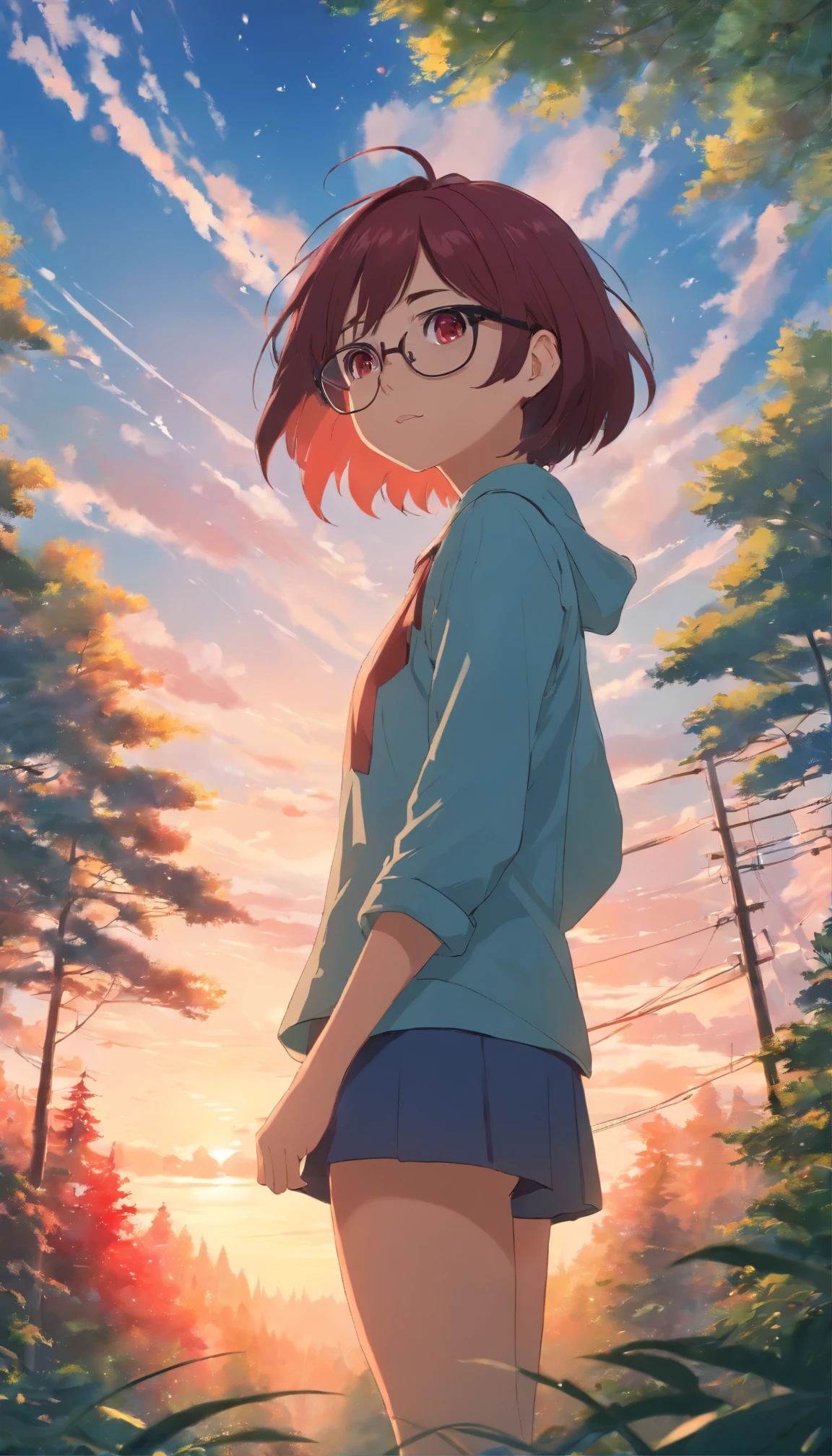 masterpiece, best quality, , rootsy hair, waist-length hair, red eyes, glasses, sky, forest, clouds, looks up, tears