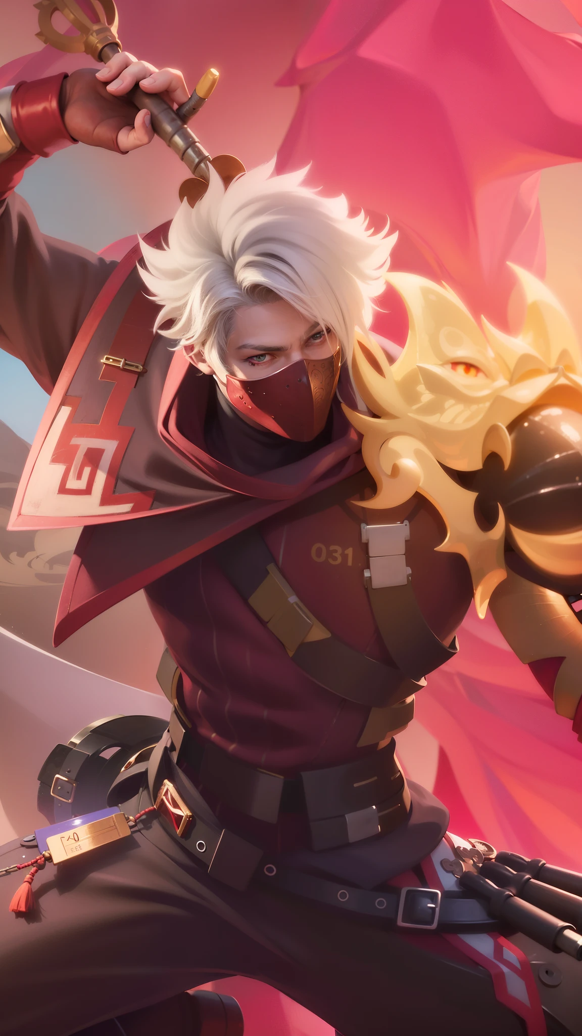 a close up of a guy with a steampunk mask on, Best quality, masterpiece, detailed skin texture, detailed clothes texture, detailed face, super detail, 8k, intricate detail, 1 boy, The color doesn't change, Muscle guy, 1 guy, strong red eye glow (red eye:1.2)