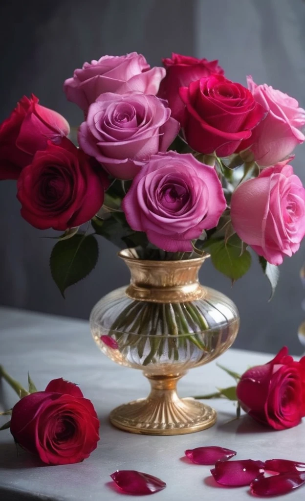 Luxurious dance of colors:
Against the velvet background of the night, like a precious stone, a bouquet of roses shines. tender petals, as if woven from morning dew and moonlight, trembling in a silent dance.
Scarlet, like a royal robe, Rose, adjacent to soft pink, resembling a cloud of dawn. Purple petals, similar to amethyst gems, intertwined in this whirlwind of colors.
Golden vase, like a crown, crowns this flower extravaganza. She reflects the flickering candles, adding magic to compositions.
water drops, frozen in the air, like diamonds, scattered among the petals, I play in the world.
This still life is a hymn to beauty, transiences and eternities. It gives a feeling of luxury, tenderness and sophistication.
50 words
