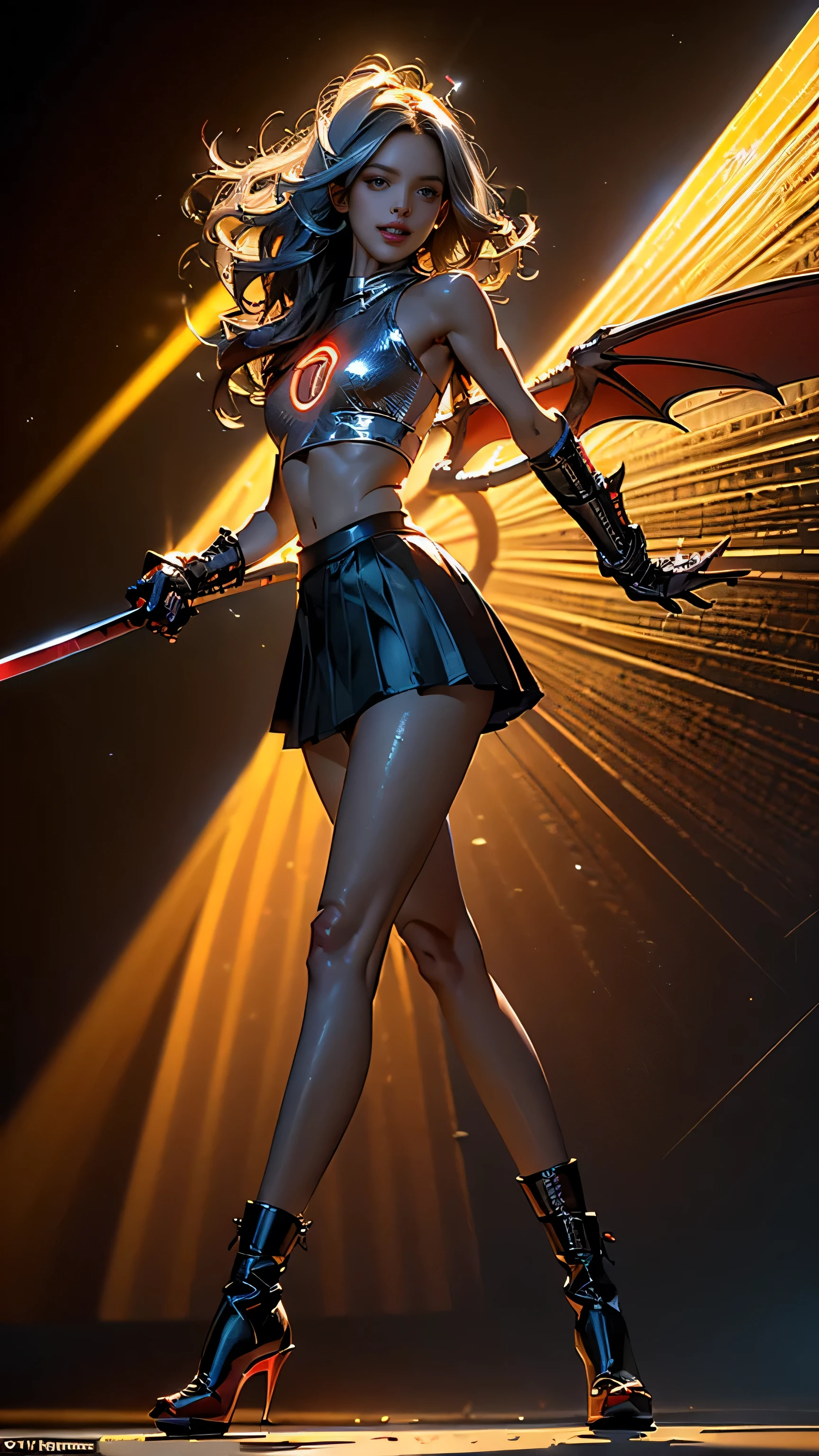 Masterpiece, Best quality, maximum detail, (Female Succubus:1.7), stunningly beautiful:1.46, perfect skin:1.5, professional fashion model looks:1.6, perfect eyes:1.5, focused eyes:1.39, fierce gaze:1.35, (expressive neon-red eyes:1.5), crystalline, bright-red:1.4 irises:1.5, super-detailed eyes:1.5, eye shine:1.53,(Victoria's Secret "Angels" perfect body):1.35, perfect legs:1.5, top quality thighs:1.32, thighs, thigh gap:1.31, flawless calves:1.42, perfect breasts:1.5, medium-large breasts:1.5, perfect cleavage:1.49, (low cut top:1.61), sweaty skin:1.36, (glistening skin:1.4, skin shine:1.33), (textured skin), (mischievous smile:1.5), (long flowing silver:1.3 hair:1.47), (long voluminous hair:1.4), highly detailed hair:1.3, fractal art:1.13, (distressed leather pleated skirt:1.4), (distressed leather crop top:1.4), (wielding her intricate, (maximum-detailed katana):2, reflective steel kitana with light effects:1.44, (in a Kenjutsu stance):1.3, (burning vibrant blades of light power encircling her), (spiraling vortex of bright red God Rays:1.33), there is a (black dragon with polished metal scales), in the background:1.3), (it's fearsome head rearing back to strike), (((perfect lighting))) (background art style similar to James Jean), (stylized after the works of Yoji Shinkawa:1.45 and Ashley wood:1.41), ArtStation Challenge Winner, Venice Biennale's Golden Lion Winner, medium shot, (low angle POV:1.5), (POV full body shot:1.4), uplight lighting, golden hour, Octane render, masterpiece, Ultra fine details, 8k, 16k, UHD, Monte Carlo Ray Tracing, brandishing a katanas, super detailed katanas, fighting with katanas, holding the katanas, (in a defensive stance with two katanas, (holding katana swords up and ready:1.52), low angle, wide angle lens, key backlight, in (dynamic poses:1.5), natural beauty, (anatomically correct), (anatomical perfection), (anatomically well-proportioned:1.34) and (anatomically symmetrical):1.43, repeat positive prompts, repeat negative prompts