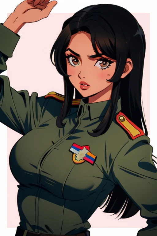 mujer morena, cabello muy corto, cuerpo robusto, uniforme militar, ojos negros, cejas pobladas, nariz romana, musculosa, latina.