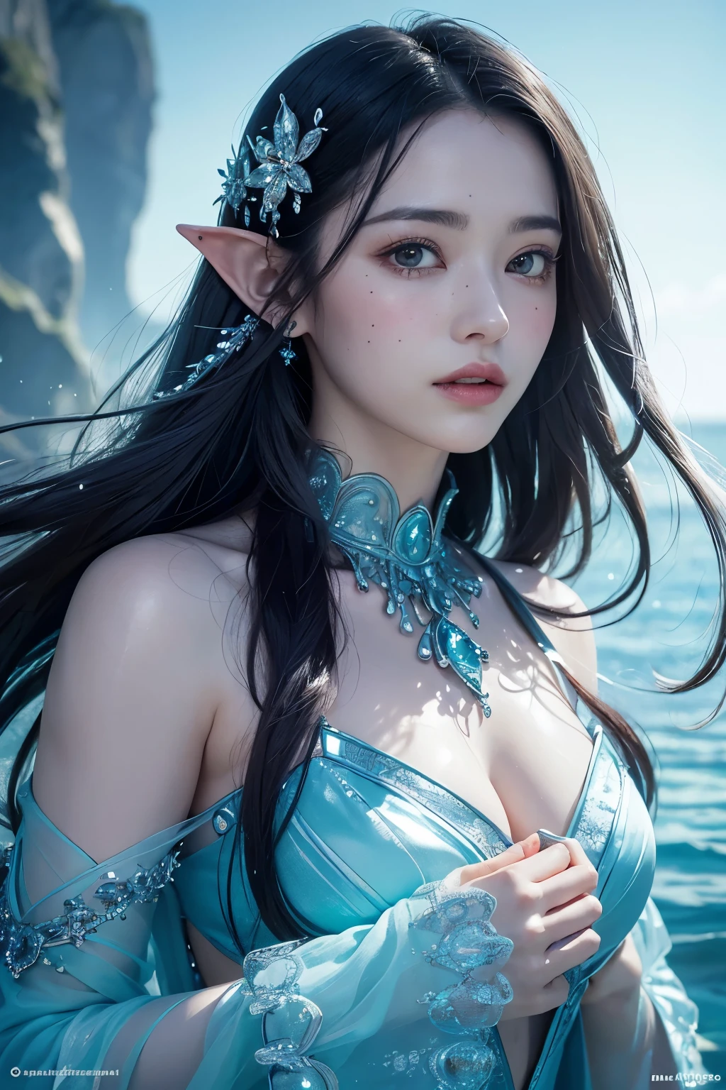 (tmasterpiece,top-quality,optimum,offcial art,Beautiful and aesthetic,Long exposure:1.2),Smooth movement,Charming Patterns, 1 rapariga,Adult Russian woman,Jade Eyes,Black lob hair,Lots of bubbles, sportrait,独奏,The upper part of the body,Reflecting on the observer,detailedbackground,Detailed face,(crystallineAI, Crystalline Theme:1.1),Elemental Water Elves,Swirl water,controlling water,Fantasy Swordsman Uniform,dynamicposes,particles floating,Ethereal Power,Eau,steams,ocean in background,Blue tint,shores,Ethereal Atmosphere,underwater shot,