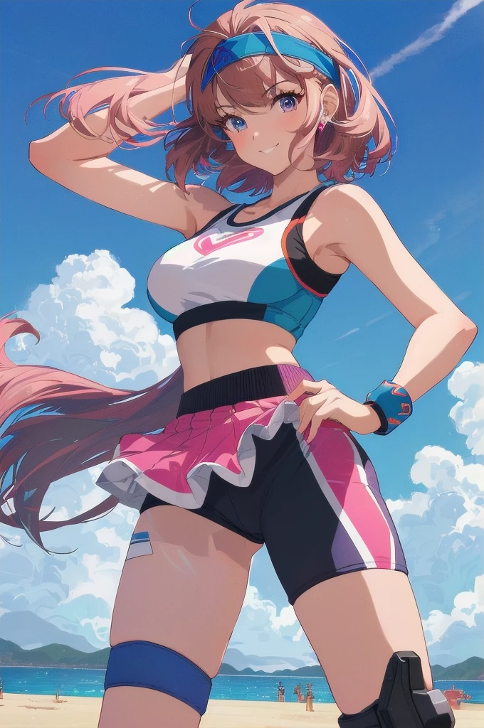 safe for work,(perfect composition),imagined a girl in extreme sport outfit playing to a flying disc game in a beach arena game sport, masterpiece, ultra-detailed, 80's anime (style), 2D, megapixel, perfectionism, full HD , 4K, (windjammers), windjammers sport game, windjammers 2 (((((solo mature anime woman,)))))++++++++++++++++++, looking at viewer, full body, brown hair and pink hair, short hair, weird hair, smile, lips, eyelashes, medium breasts, gym uniform, uniform, gym shorts, headband, sports bra, elbow pad, knee pad, extreme sports outfit 80's theme, beach background, playing flying disc game on a beach court game, sea, sun in the sky, sports wear