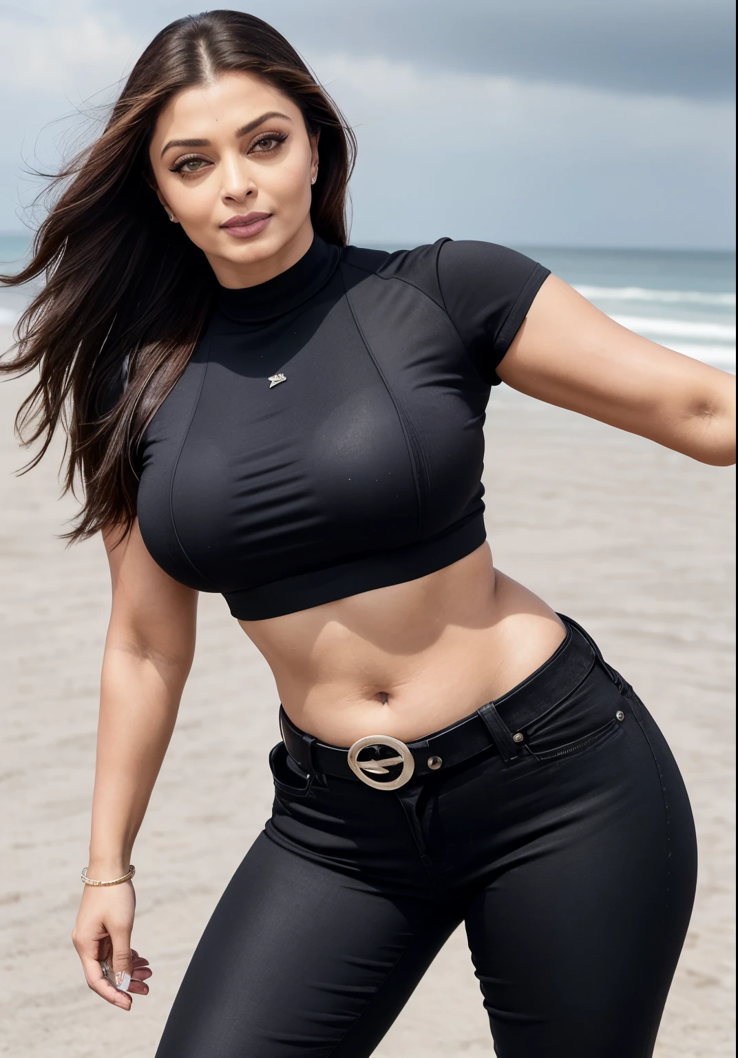 49 yo mature MILF Aishwarya Rai as police officer, black tight jeans, tight crop top, high heels, ponytail hair, bright sunny day scene, athletic curvaceous milf body, walking in beach, hourglass milf figure, perfect breasts, seductive expression on her face, look at a camera and wink one eye, soft volumetric lights, intricate details, (ArtStation:1.2)