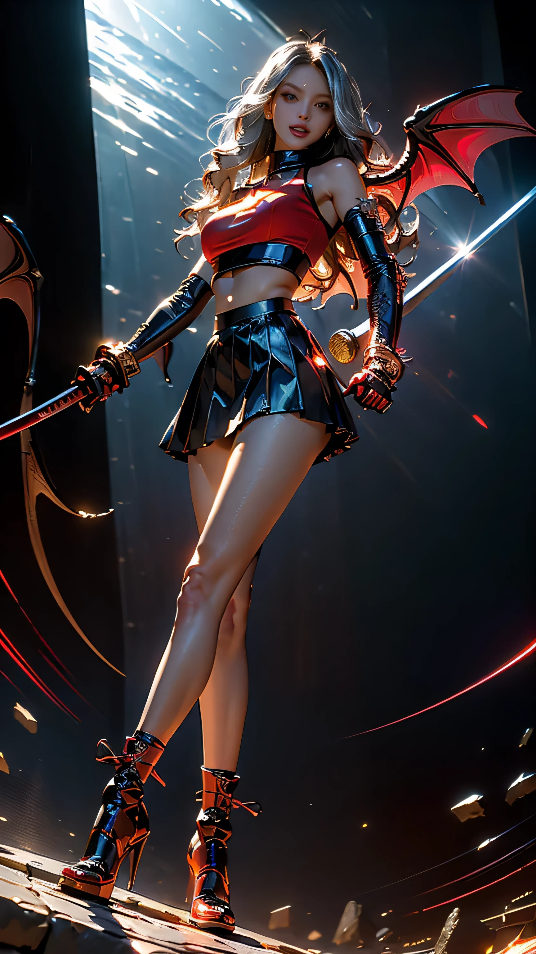 (CG Unity 8K wallpaper in extreme detail,tmasterpiece,Highest image quality),(Delicate light and shadow,The picture is highly dramatic,Cinematic lens effect), (the sailor moon:1.1),Charming smile,double tails, eBlue eyes,golden hair, tight top(thin and light),whitegloves, mini-skirts,dynamicposes),The background is the universe(Exceptional detail,The lighting effect is outstanding,Vista wide angle),(Excellent rendering,Enough to stand out from the crowd),athletic sneakers,Covered in sweat