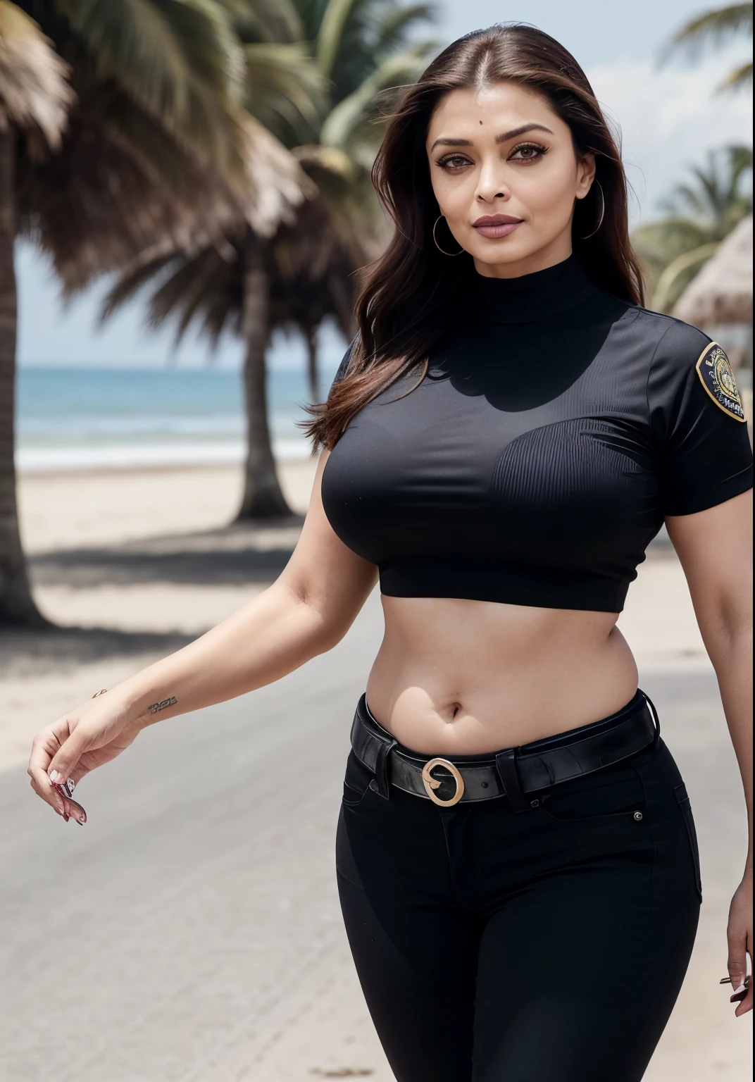 49 yo mature MILF Aishwarya Rai as police officer, black tight jeans, tight crop top, high heels, ponytail hair, bright sunny day scene, athletic curvaceous milf body, walking in beach, hourglass milf figure, perfect breasts, seductive expression on her face, look at a camera and wink one eye, soft volumetric lights, intricate details, (ArtStation:1.2)