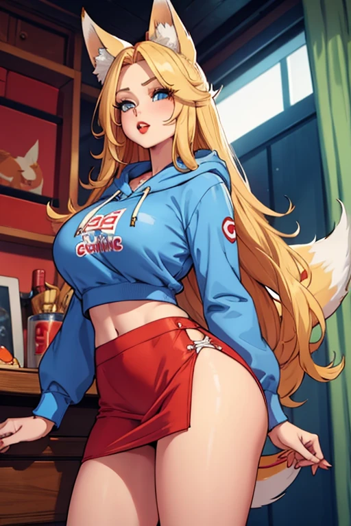 Girl with long blonde hair, hair down, red lips, blonde fox ears and tail, big breasts, wearing a blue and white hoodie, white and red mini skirt, black leggings