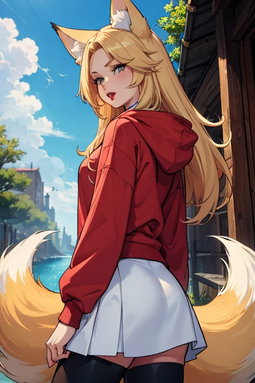 Girl with long blonde hair, hair down, red lips, blonde fox ears and tail, wearing a blue and white hoodie, white and red mini skirt, black leggings