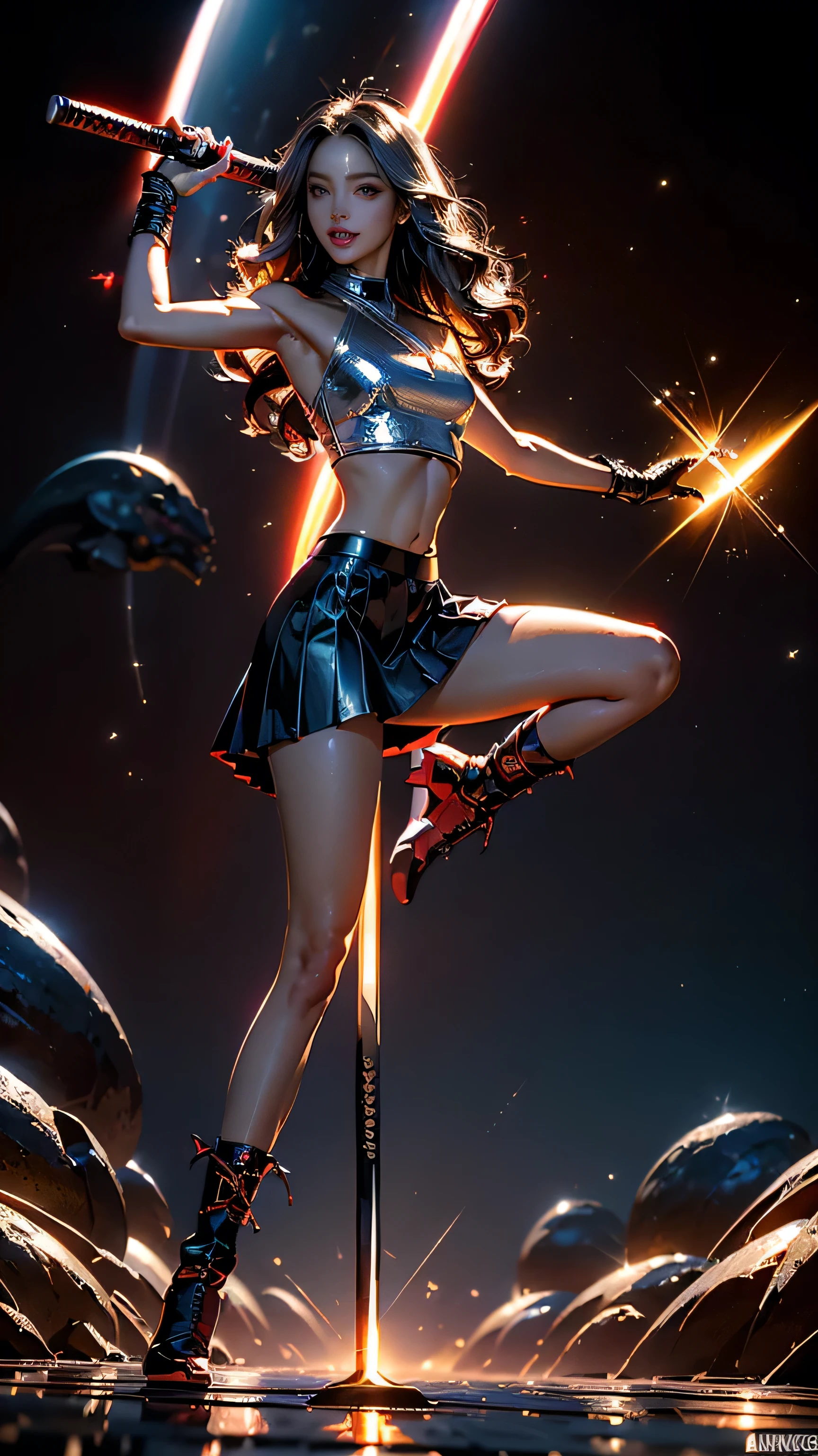 Masterpiece, Best quality, maximum detail, (Female Succubus:1.7), stunningly beautiful:1.46, perfect skin:1.5, professional fashion model looks:1.6, perfect eyes:1.5, focused eyes:1.39, fierce gaze:1.35, (expressive neon-red eyes:1.5), crystalline, bright-red:1.4 irises:1.5, super-detailed eyes:1.5, eye shine:1.53,(Victoria's Secret "Angels" perfect body):1.35, perfect legs:1.5, top quality thighs:1.32, thighs, thigh gap:1.31, flawless calves:1.42, perfect breasts:1.5, medium-large breasts:1.5, perfect cleavage:1.49, (low cut top:1.61), sweaty skin:1.36, (glistening skin:1.4, skin shine:1.33), (textured skin), (mischievous smile:1.5), (long flowing silver:1.3 hair:1.47), (long voluminous hair:1.4), highly detailed hair:1.3, fractal art:1.13, (distressed leather pleated skirt:1.4), (distressed leather crop top:1.4), (wielding her intricate, (maximum-detailed katana):2, reflective steel kitana with light effects:1.44, (in a Kenjutsu stance):1.3, (burning vibrant blades of light power encircling her), (spiraling vortex of bright red God Rays:1.33), there is a (black dragon with polished metal scales), in the background:1.3), (it's fearsome head rearing back to strike), (((perfect lighting))) (background art style similar to James Jean), (stylized after the works of Yoji Shinkawa:1.45 and Ashley wood:1.41), ArtStation Challenge Winner, Venice Biennale's Golden Lion Winner, medium shot, (low angle POV:1.5), (POV full body shot:1.4), uplight lighting, golden hour, Octane render, masterpiece, Ultra fine details, 8k, 16k, UHD, Monte Carlo Ray Tracing, brandishing a katanas, super detailed katanas, fighting with katanas, holding the katanas, (in a defensive stance with two katanas, (holding katana swords up and ready:1.52), low angle, wide angle lens, key backlight, in (dynamic poses:1.5), natural beauty, (anatomically correct), (anatomical perfection), (anatomically well-proportioned:1.34) and (anatomically symmetrical):1.43, repeat positive prompts, repeat negative prompts
