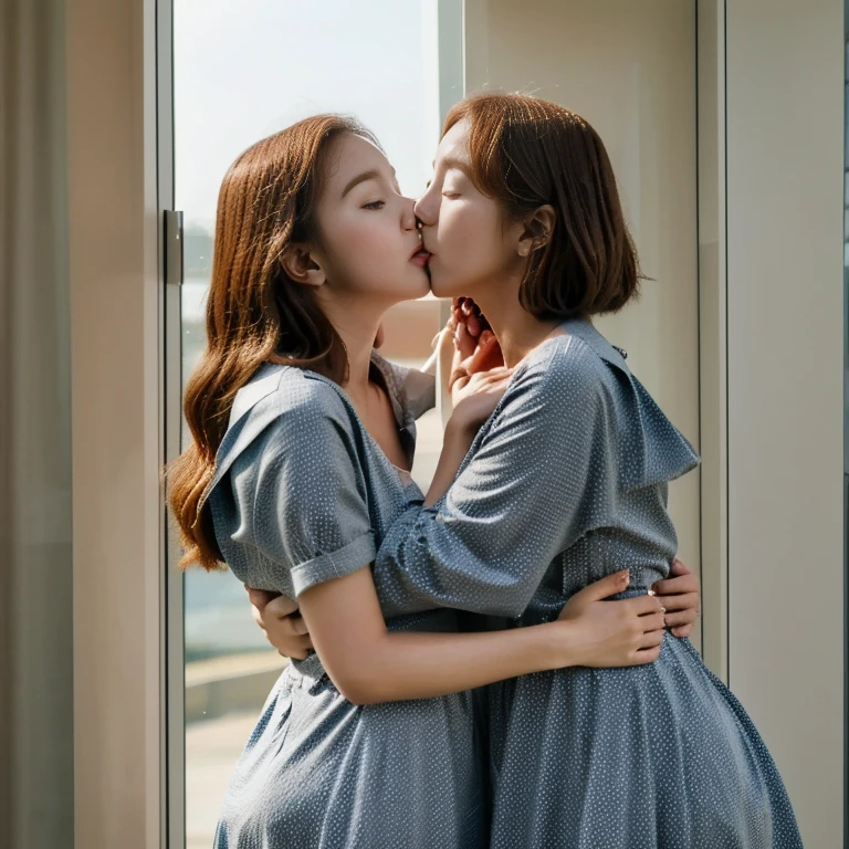 2 girls, 2 chaesoobins, identical clones, kissing, hugging, casual dress, high quality, realistic face features