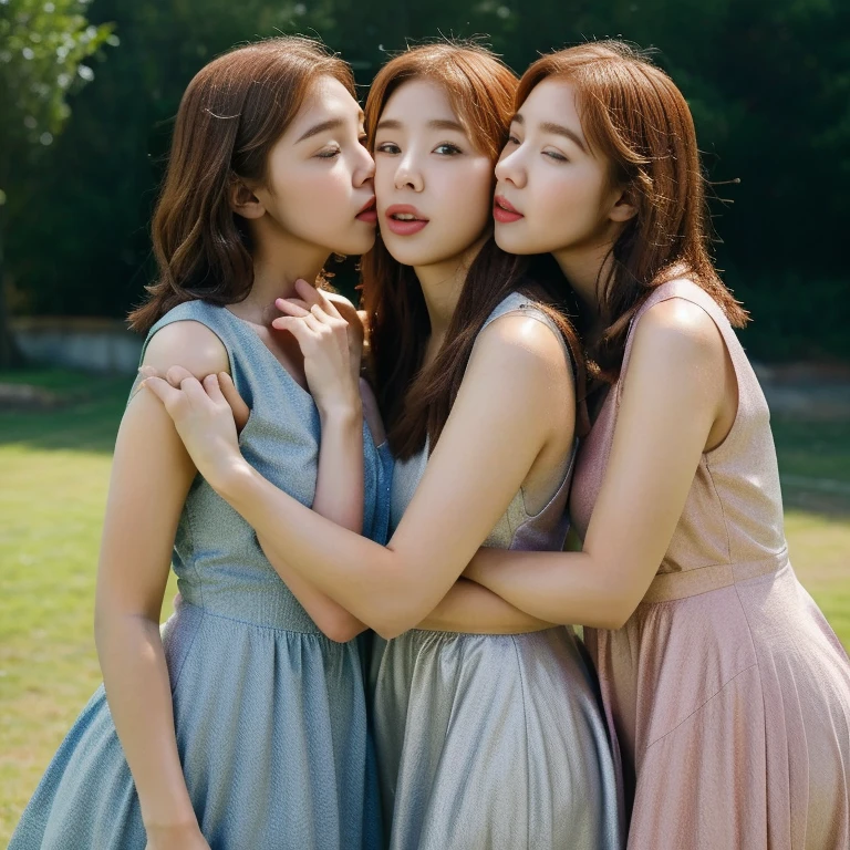 2 girls, 2 chaesoobins, identical clones, kissing, hugging, casual dress, high quality, realistic face features