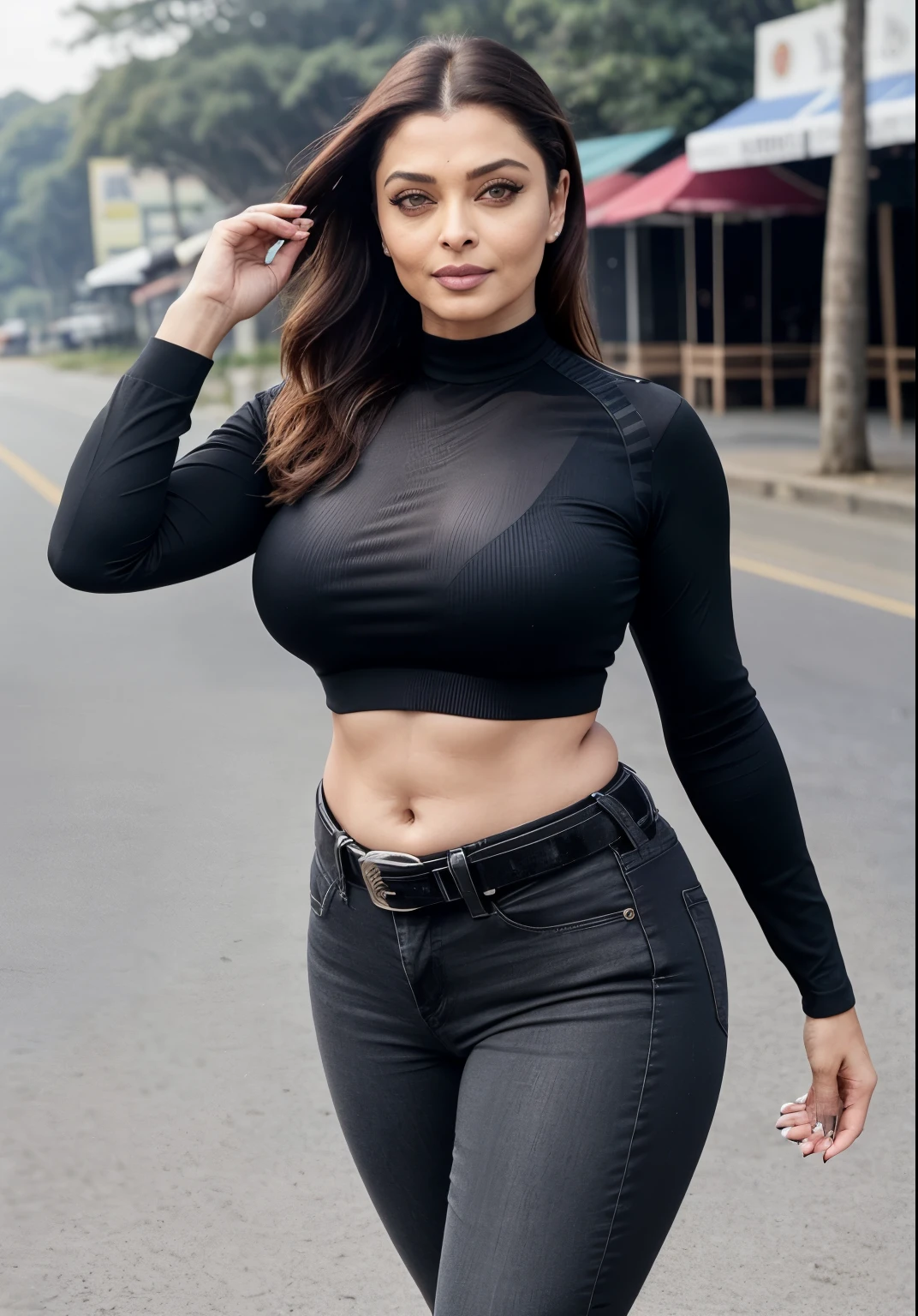 49 yo mature MILF Aishwarya Rai as police officer, black tight jeans, tight crop top, high heels, ponytail hair, bright sunny day scene, athletic curvaceous milf body, walking in beach, hourglass milf figure, perfect breasts, seductive expression on her face, look at a camera and wink one eye, soft volumetric lights, intricate details, (ArtStation:1.2)