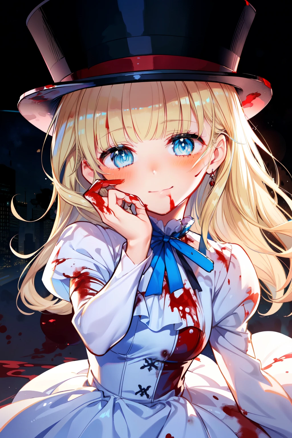 (1girl, solo), blonde hair, side ponytail, (blue eyes:1.5), long hair, (small breast:1.2), (hair ribbon, juliet sleeves, long sleeves, puffy sleeves, blood stained white dress:1.5, frills, top hat, black top hat, hat, hat flower,) looking at viewer, crazy smile, blush, ((blood, blood on arm, blood on face, blood on clothes, blood on hands)), holding knife, knife, indoor, (masterpiece:1.2), best quality, high resolution, unity 8k wallpaper, (illustration:1.5), anime style, (beautiful detailed eyes:1.6), extremely detailed face, perfect lighting, extremely detailed CG, (perfect hands, perfect anatomy), (dynamic pose, dynamic angle:1.1), nadja, red heart brooch, jewelry, serial killer, slasher,