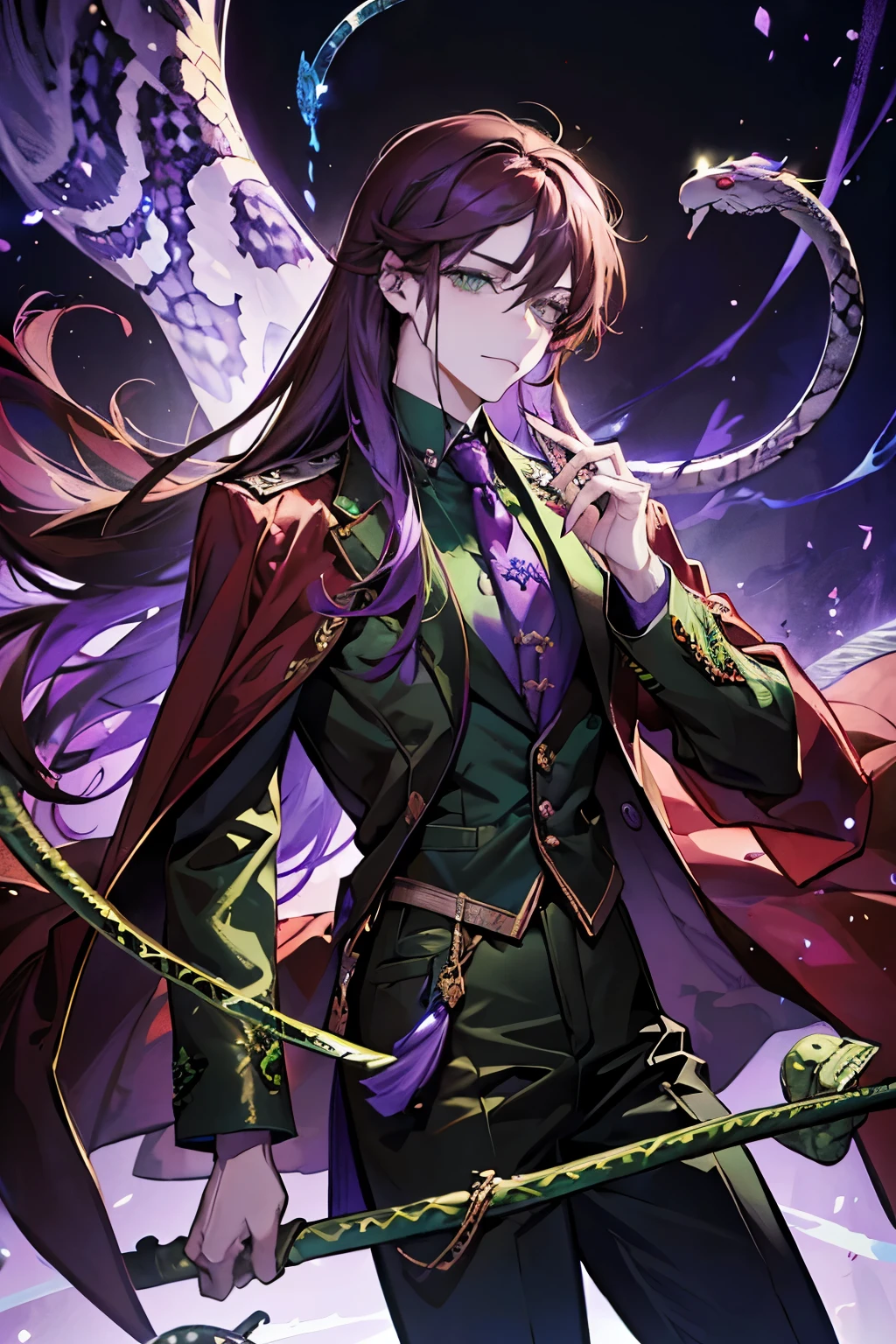 young man, A young man, (((chestnut))) hair, (((green))) eyes, scar on the left eye, (((long))) hair, Purple clothes, purple background, high detail, modern clothes, ((Snake)), Staff in hand, red highlights in hair