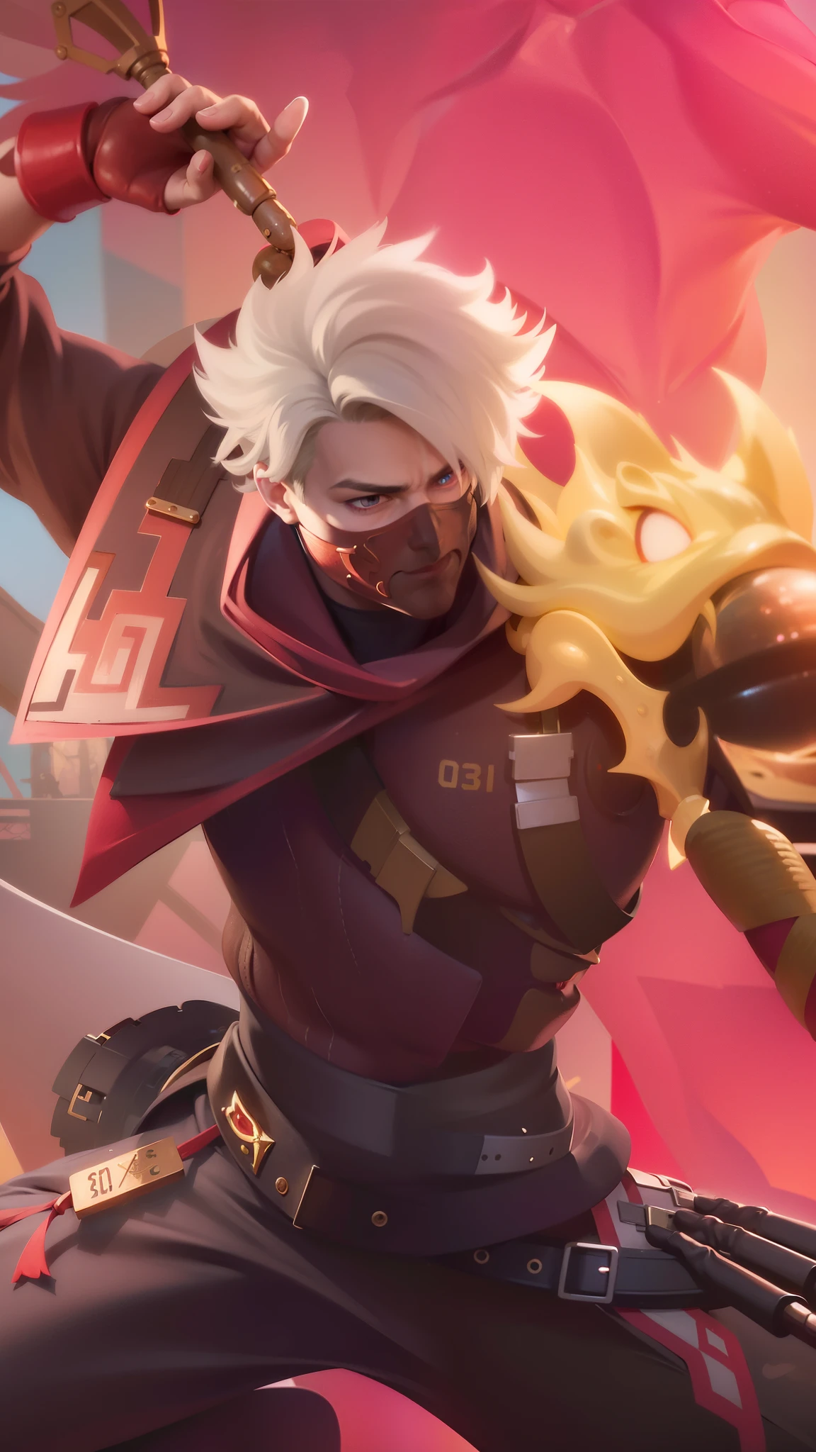 a close up of a guy with a steampunk mask on, Best quality, masterpiece, detailed skin texture, detailed clothes texture, detailed face, super detail, 8k, intricate detail, 1 boy, The color doesn't change, Muscle guy, 1 guy, strong red eye glow (red eye:1.2)