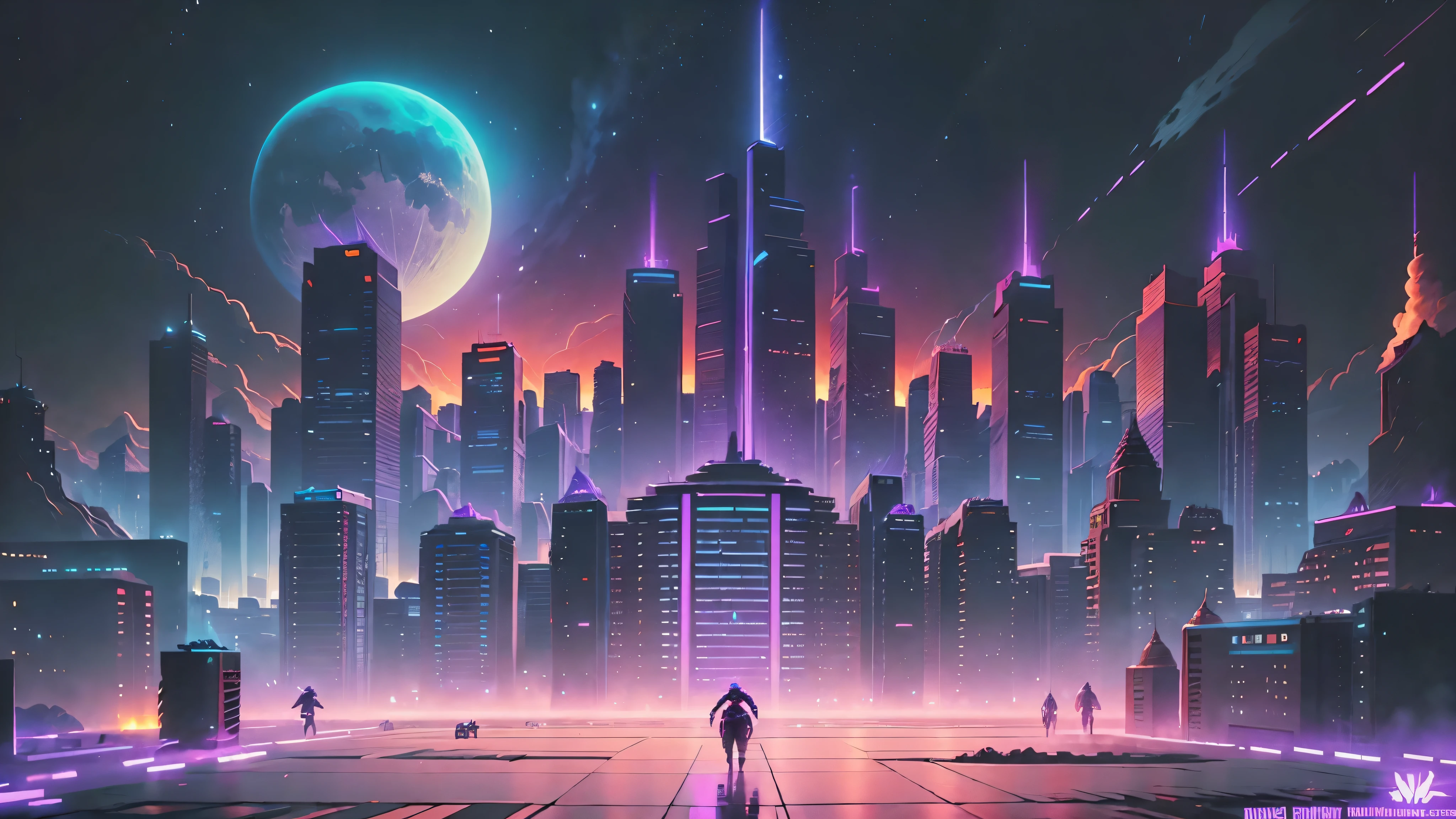 Create an animated scene with a war scene in the moon where robots and skyscrapers fight in bright colors, Ultraviolet swords from the planes of the sky.